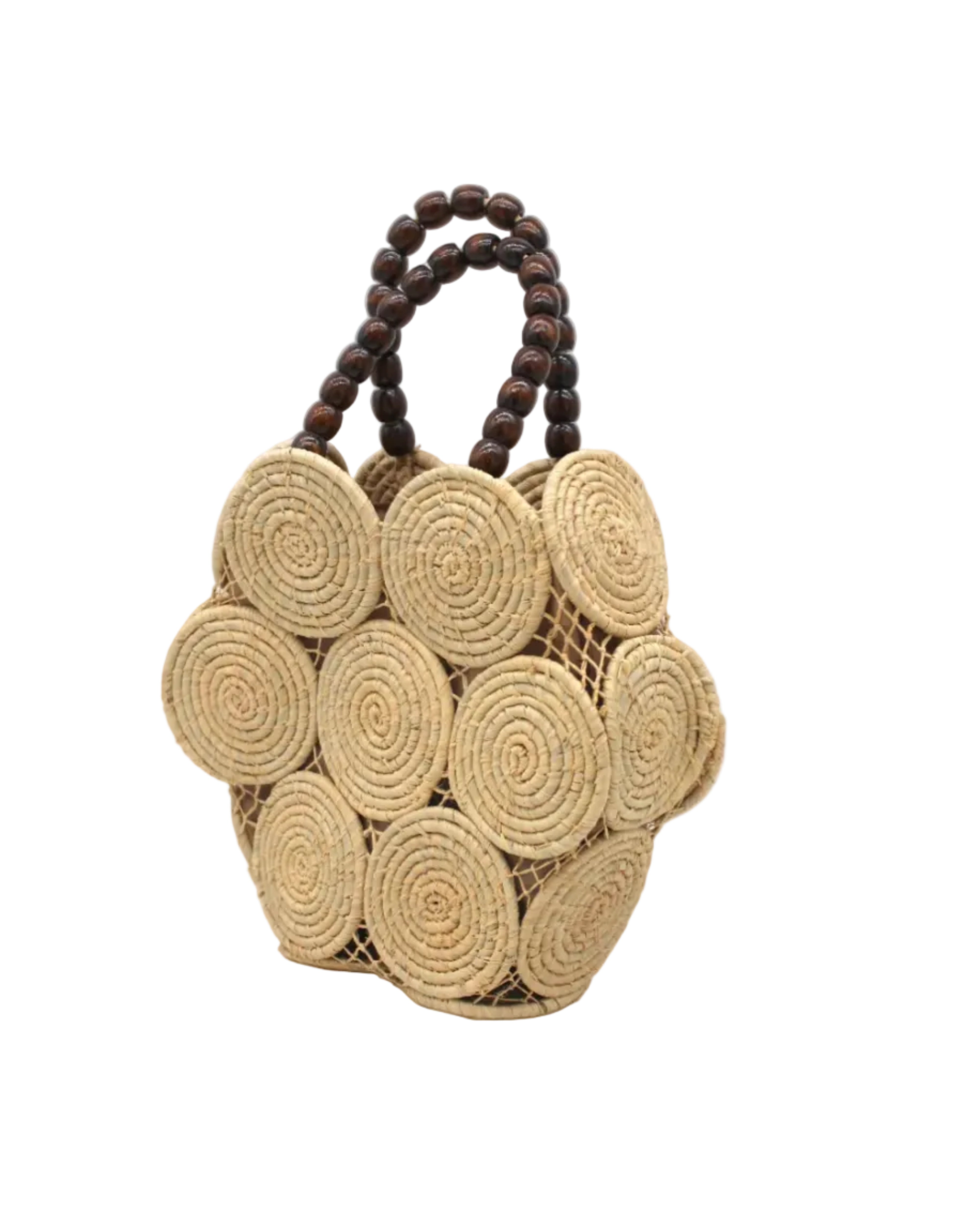 Side view Romy Natural Crochet Disc Straw Handbag with Wooden Bead Handles handmade natural raffia palm fiber in a solid hue of natural straw color in a crochet coiled circular flat disc attached together with macrame knot technique with a geometric hexagonal overall shape with seven discs per side two above and below a horizontal row of three per side and a single row comprising the side of the bag with dark brown carved round wooden beaded handles purse - Shebobo