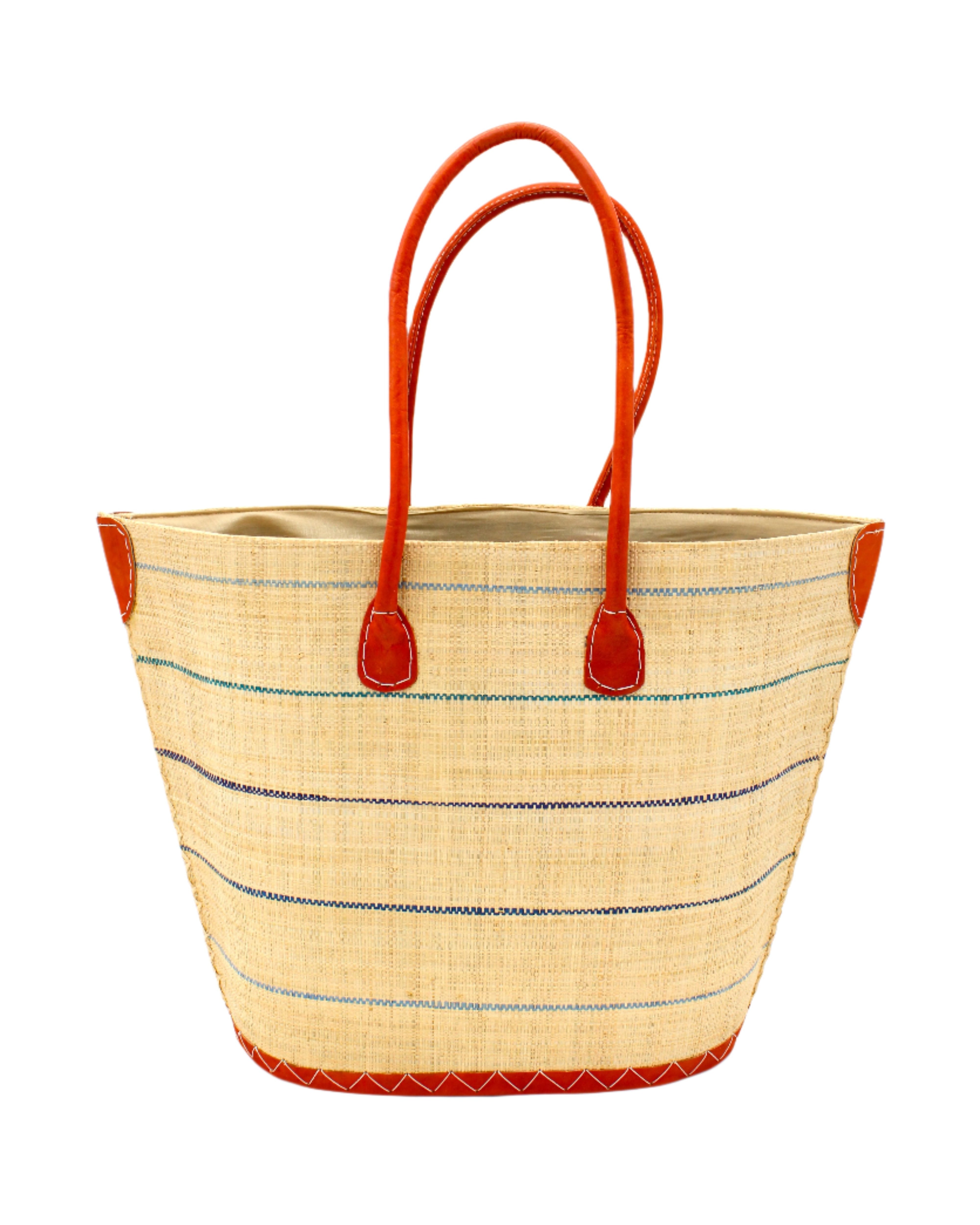 Santa Cruz Blues Pinstripes Small Straw Tote Bag handmade loomed raffia in a wide stripe of natural straw color with multicolor blue thin stripes of navy, light, turquoise, and seafoam in a horizontal pinstripe pattern handbag with leather handles and details beach bag - Shebobo
