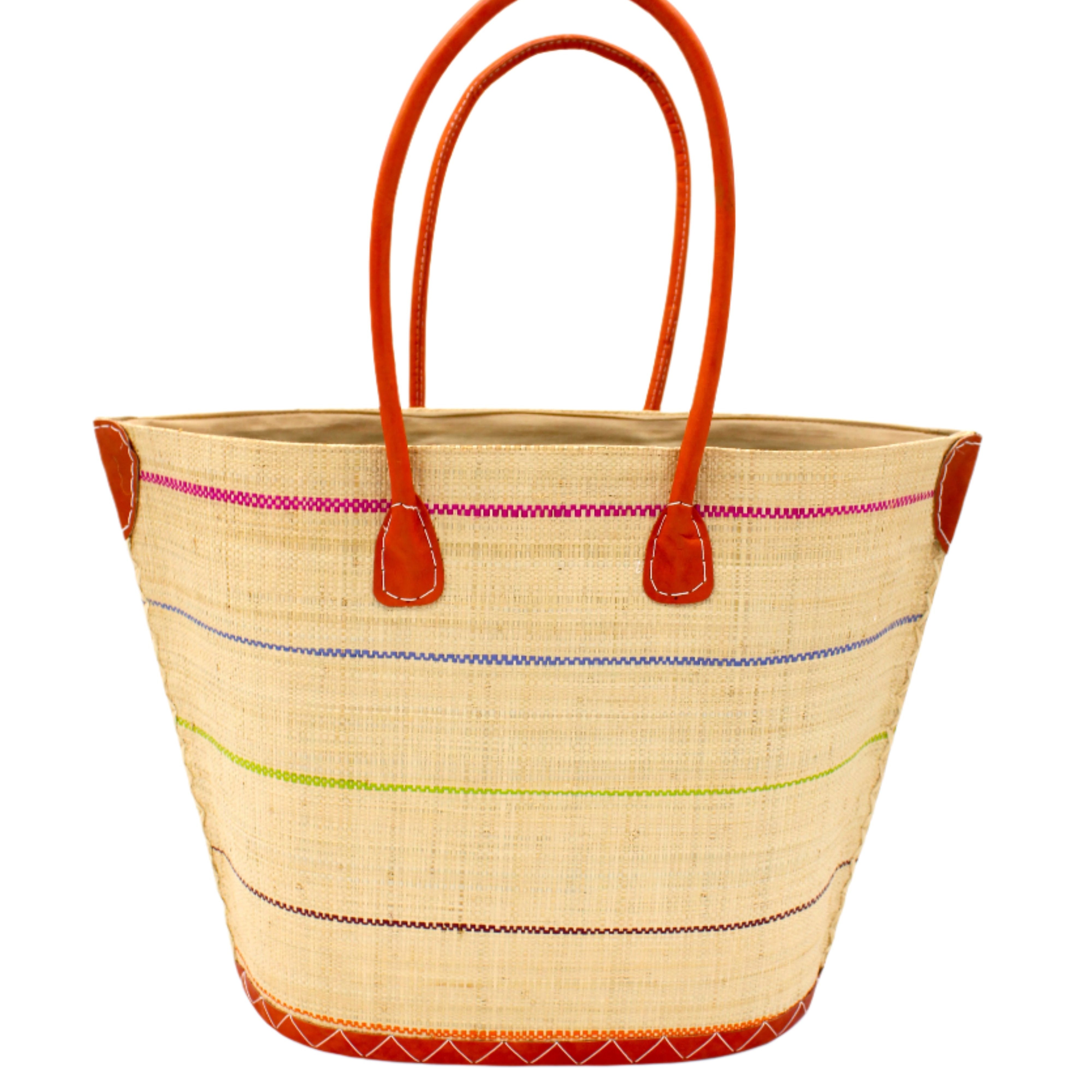 Santa Cruz Brights Pinstripes Small Straw Tote Bag handmade loomed raffia in a wide stripe of natural straw color with multicolor brights thin stripes of fuchsia pink, grey, lime green, bordeaux deep red, coral orange, tea brown, etc. in a horizontal pinstripe pattern handbag with leather handles and details beach bag - Shebobo