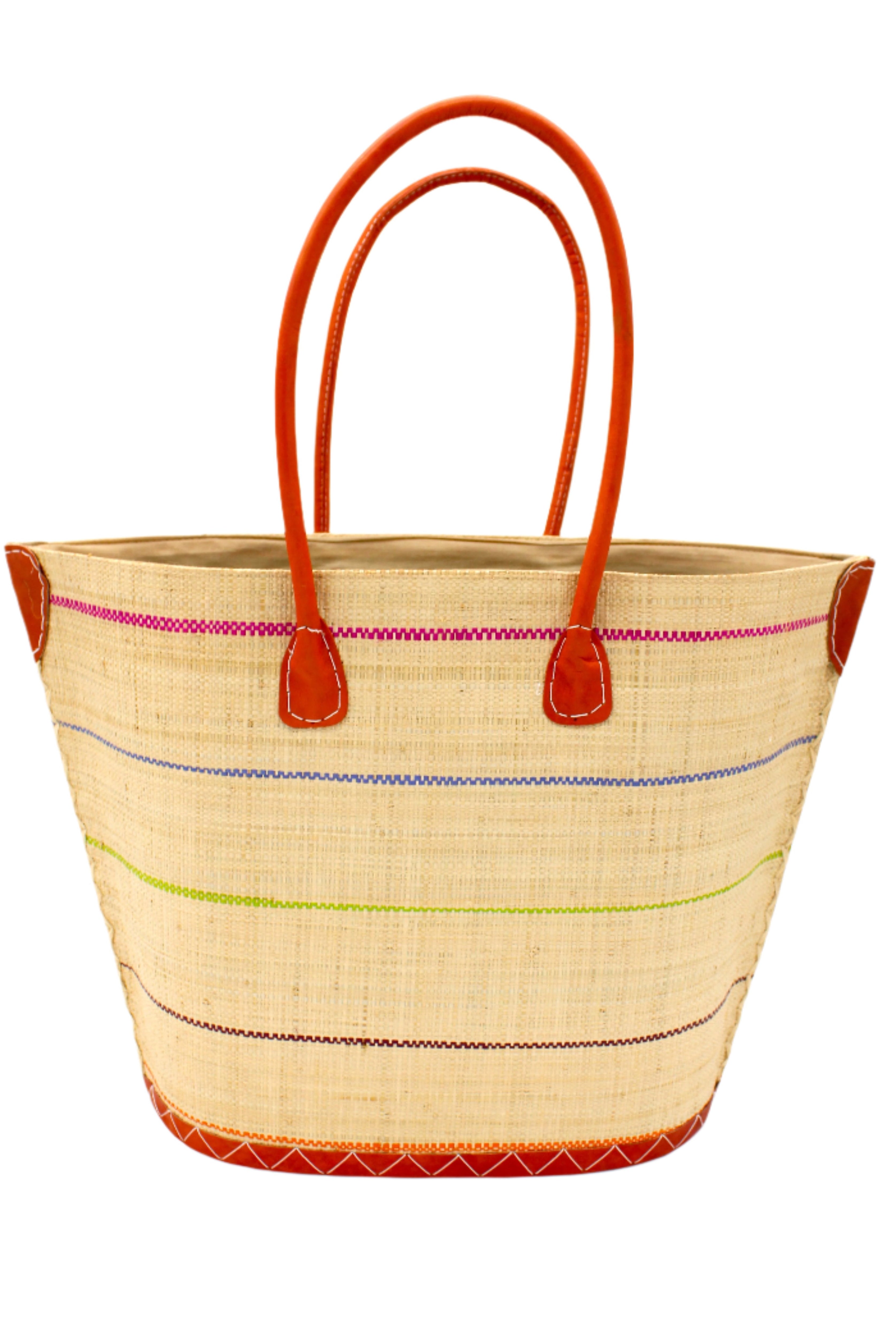 Santa Cruz Brights Pinstripes Small Straw Tote Bag handmade loomed raffia in a wide stripe of natural straw color with multicolor brights thin stripes of fuchsia pink, grey, lime green, bordeaux deep red, coral orange, tea brown, etc. in a horizontal pinstripe pattern handbag with leather handles and details beach bag - Shebobo