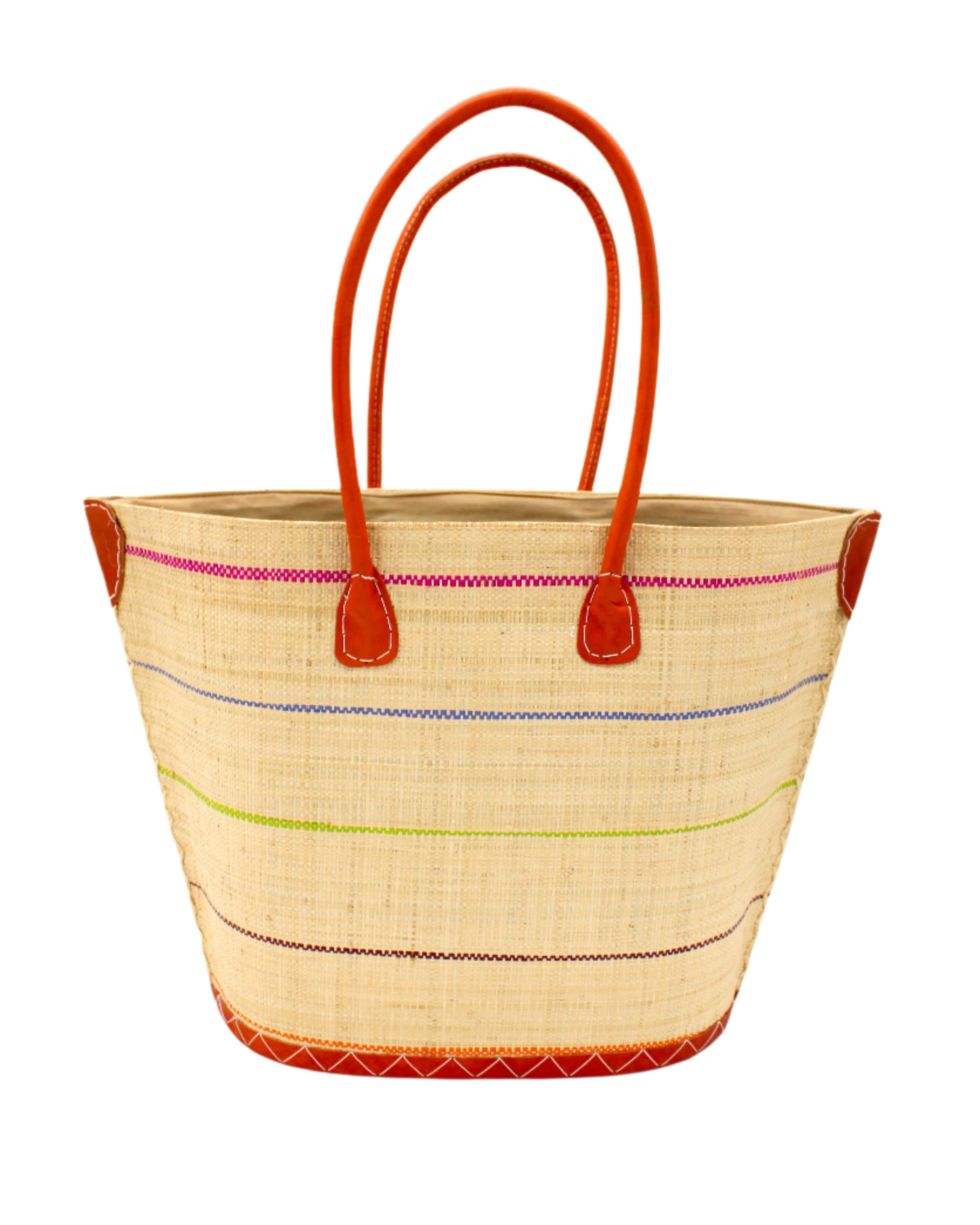 Santa Cruz Brights Pinstripes Small Straw Tote Bag handmade loomed raffia in a wide stripe of natural straw color with multicolor brights thin stripes of fuchsia pink, grey, lime green, bordeaux deep red, coral orange, tea brown, etc. in a horizontal pinstripe pattern handbag with leather handles and details beach bag - Shebobo