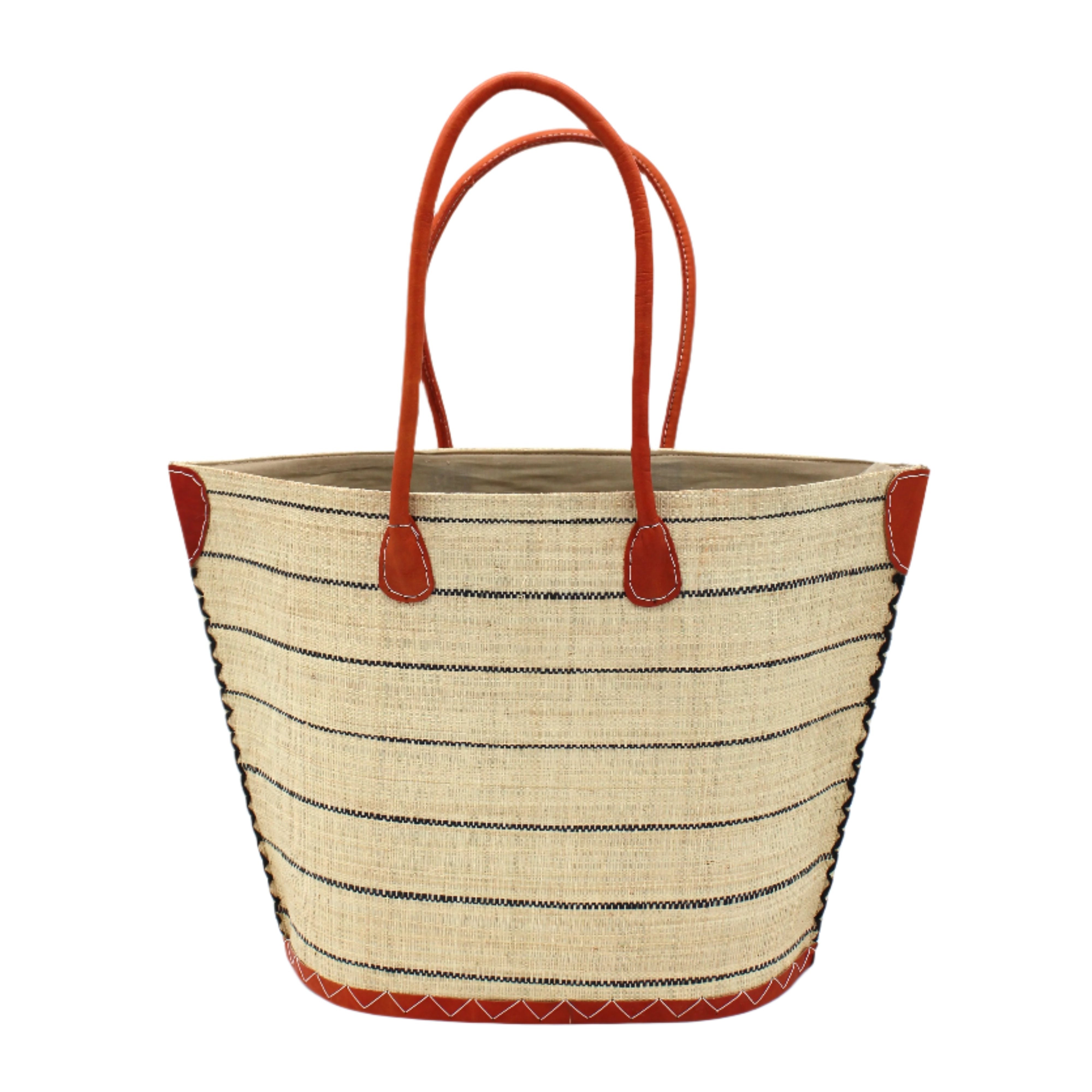 Santa Cruz Natural Pinstripes Small Straw Tote Bag handmade loomed raffia in a horizontal pinstripe pattern of wide bands of natural straw color with narrow black bands handbag with leather handles and accents - Shebobo