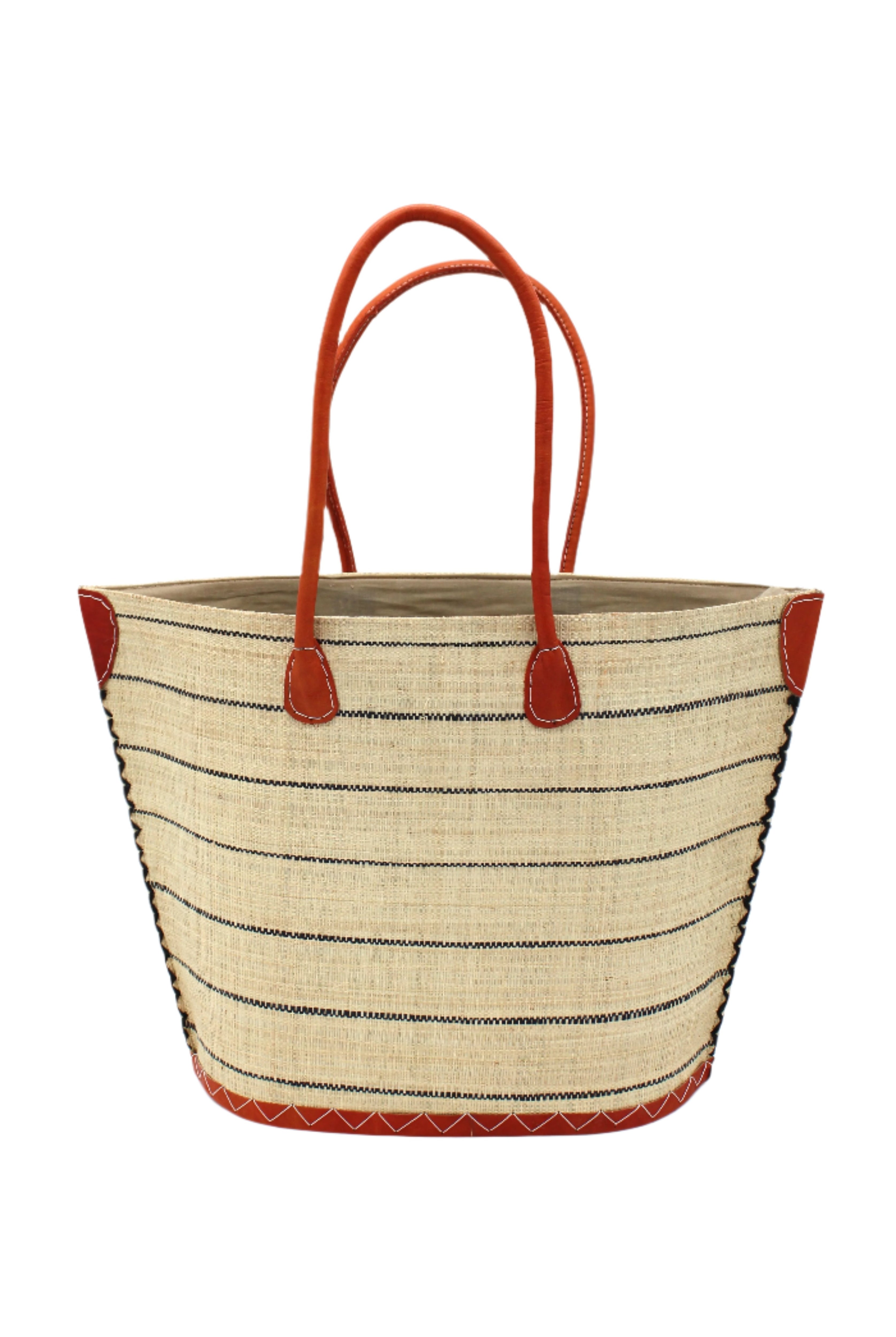 Santa Cruz Natural Pinstripes Small Straw Tote Bag handmade loomed raffia in a horizontal pinstripe pattern of wide bands of natural straw color with narrow black bands handbag with leather handles and accents - Shebobo
