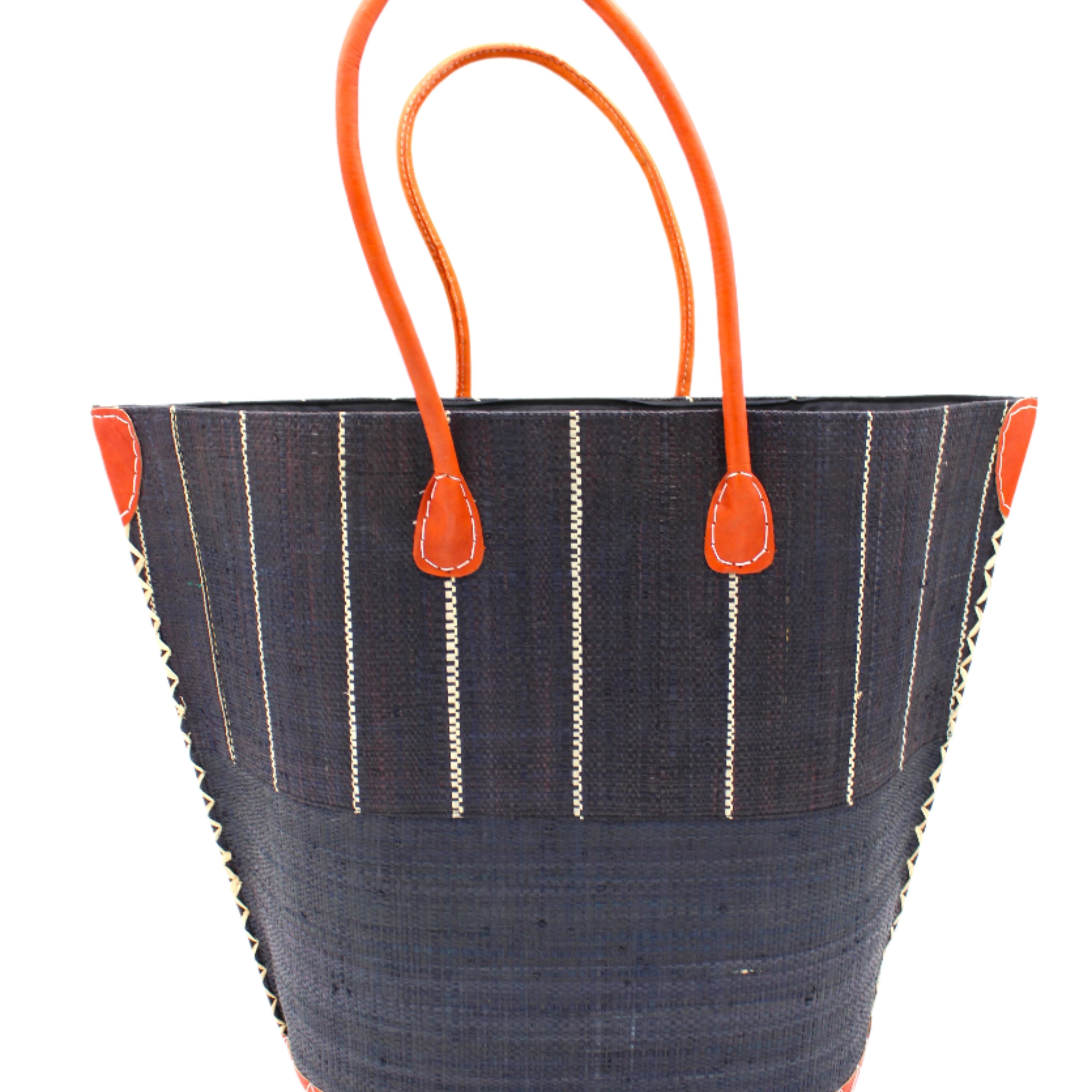 Santa Cruz Two Tone Large Straw Tote Bag handmade beach bag loomed raffia solid black bottom with black and natural straw color vertical pinstripe pattern top half plus leather handles xl handbag shoulder bag - Shebobo
