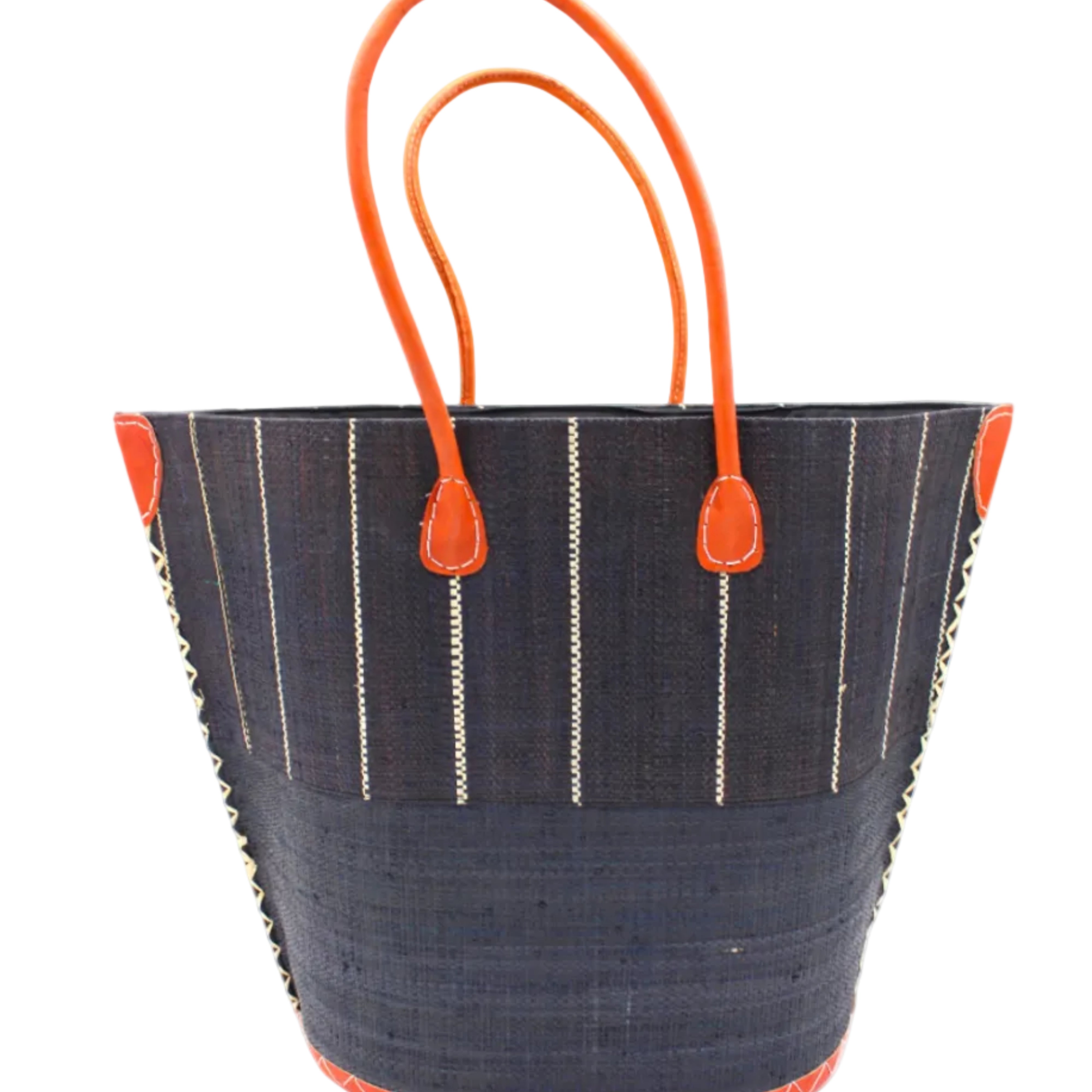 Santa Cruz Two Tone Large Straw Tote Bag handmade beach bag loomed raffia solid black bottom with black and natural straw color vertical pinstripe pattern top half plus leather handles xl handbag shoulder bag - Shebobo