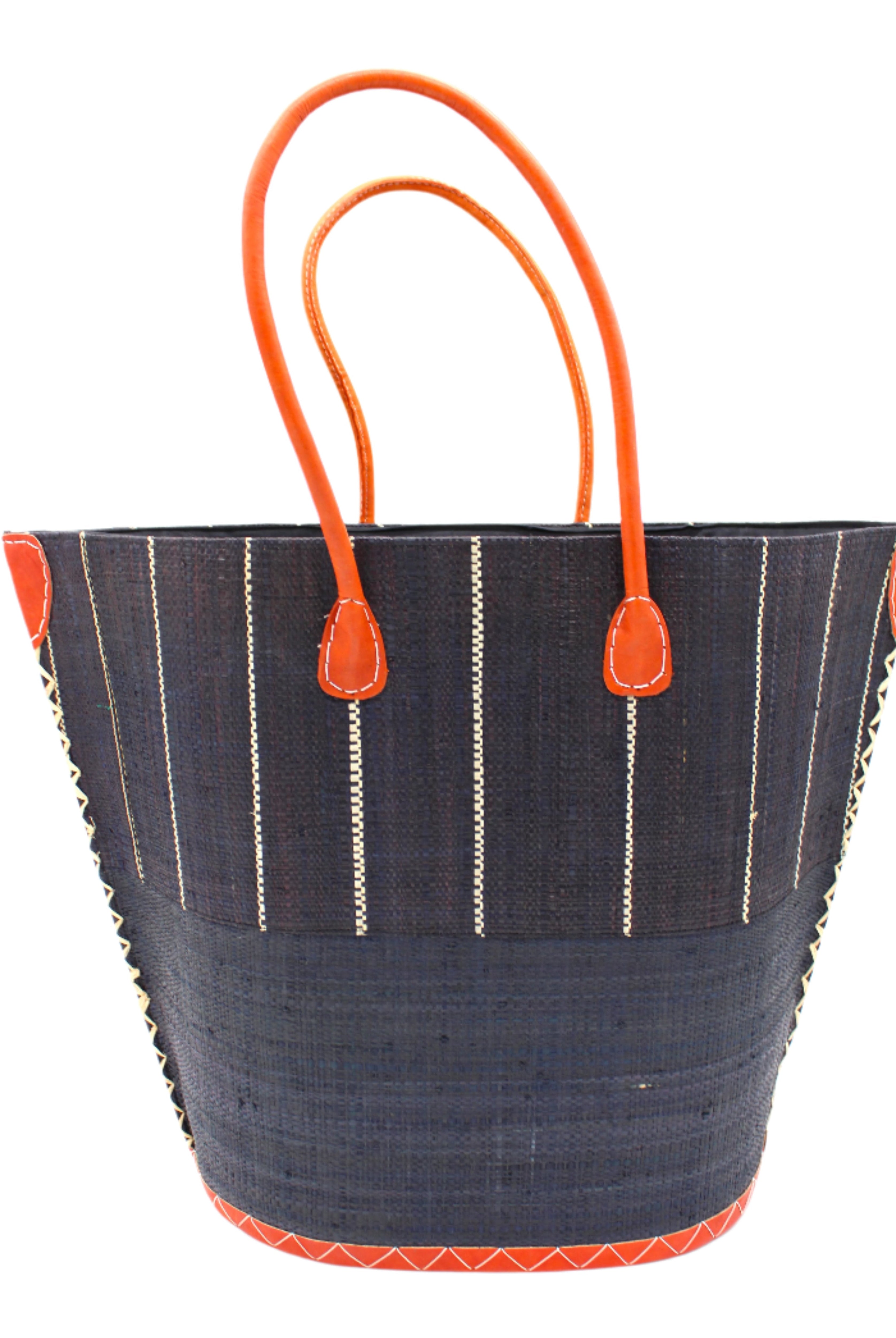 Santa Cruz Two Tone Large Straw Tote Bag handmade beach bag loomed raffia solid black bottom with black and natural straw color vertical pinstripe pattern top half plus leather handles xl handbag shoulder bag - Shebobo