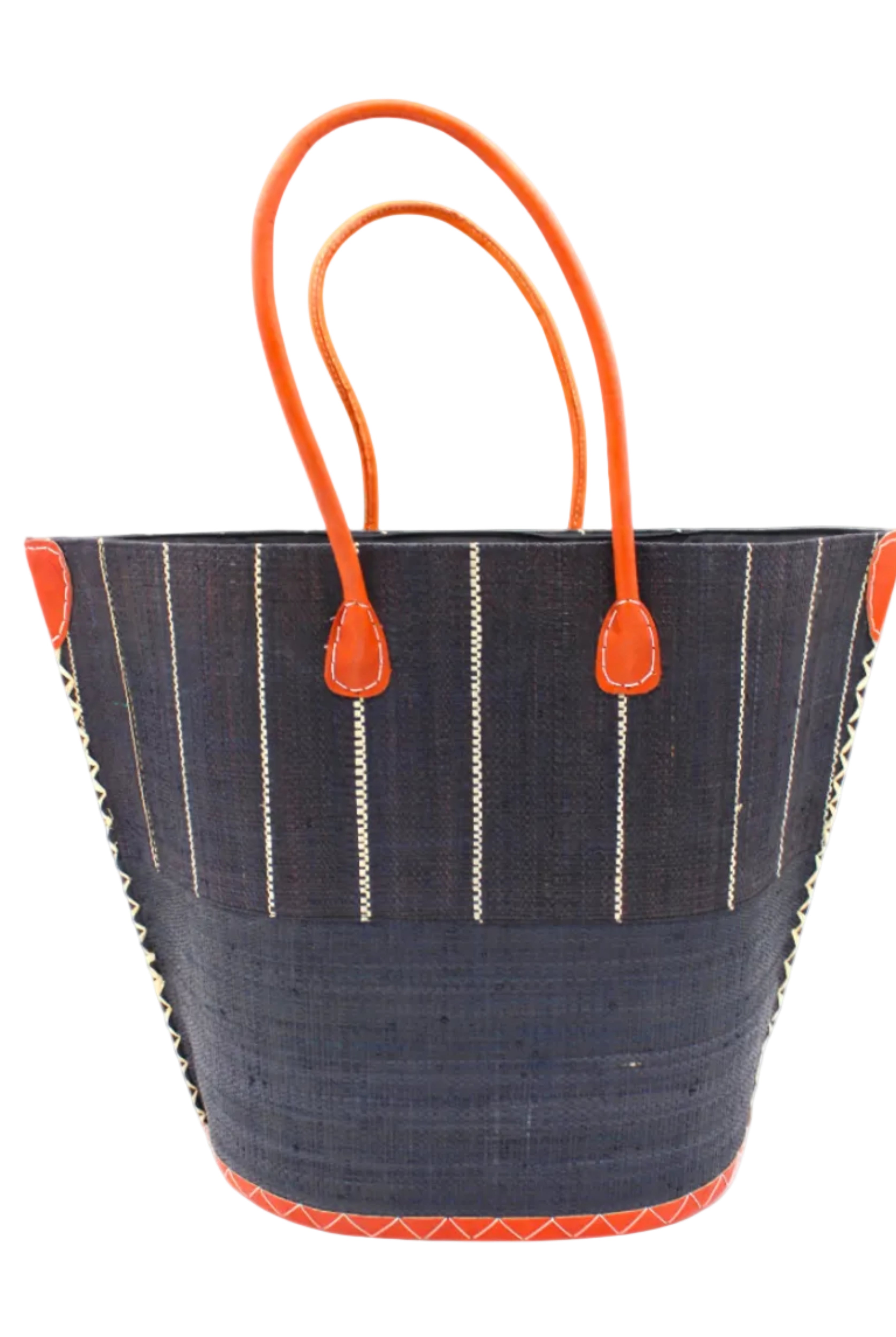 Santa Cruz Two Tone Large Straw Tote Bag handmade beach bag loomed raffia solid black bottom with black and natural straw color vertical pinstripe pattern top half plus leather handles xl handbag shoulder bag - Shebobo