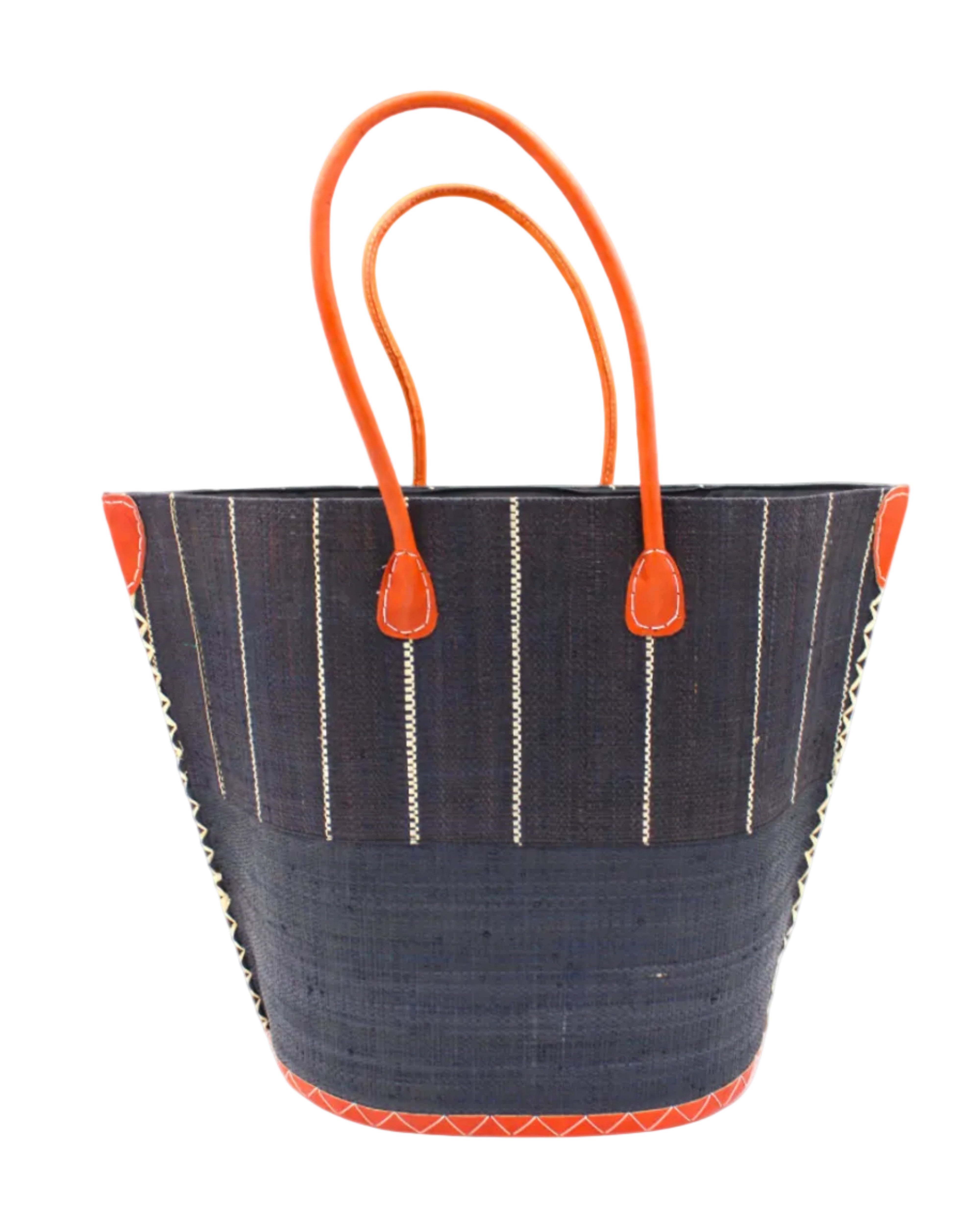 Santa Cruz Two Tone Large Straw Tote Bag handmade beach bag loomed raffia solid black bottom with black and natural straw color vertical pinstripe pattern top half plus leather handles xl handbag shoulder bag - Shebobo
