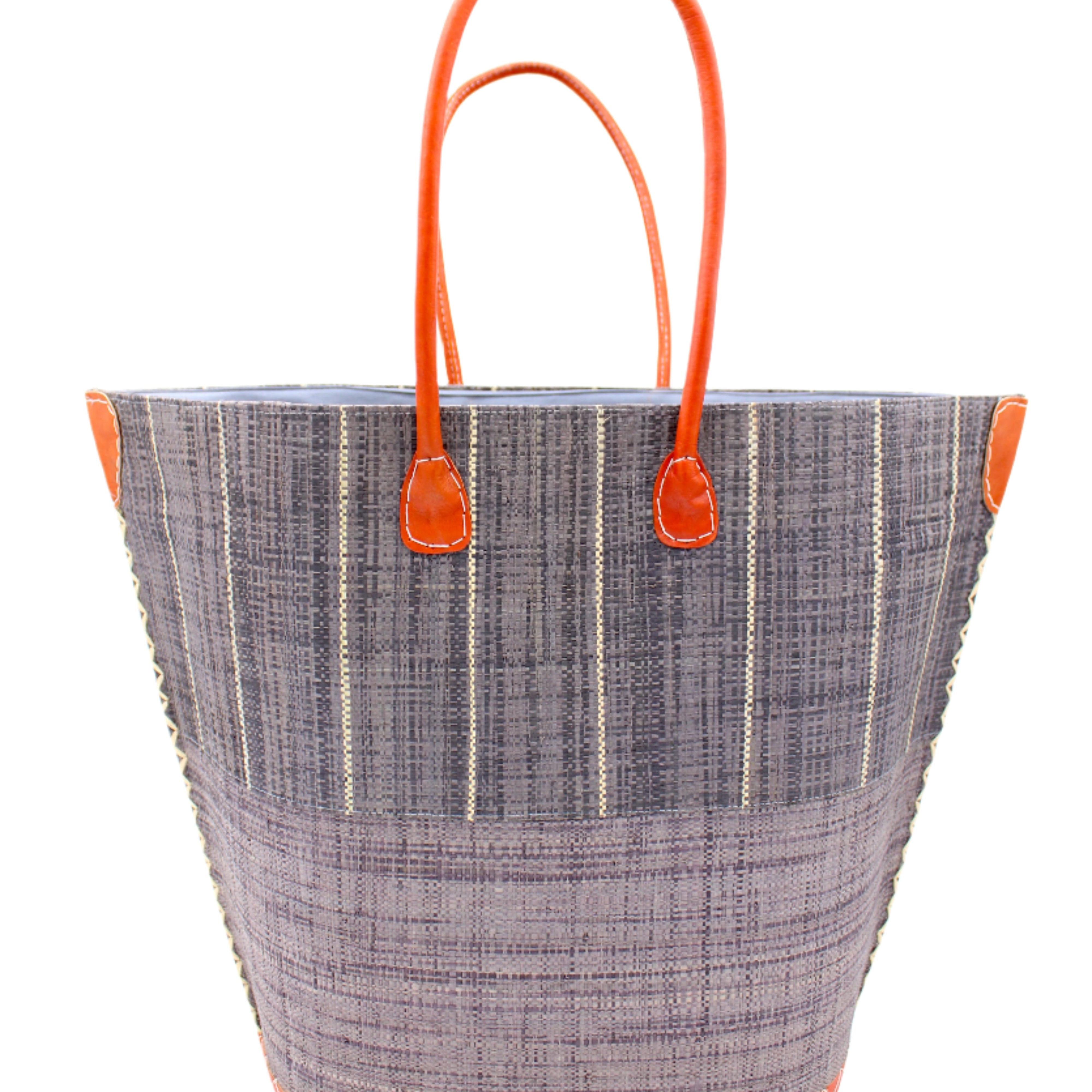 Santa Cruz Two Tone Large Straw Tote Bag handmade beach bag loomed raffia solid grey bottom with grey and natural straw color vertical pinstripe pattern top half plus leather handles xl handbag shoulder bag - Shebobo