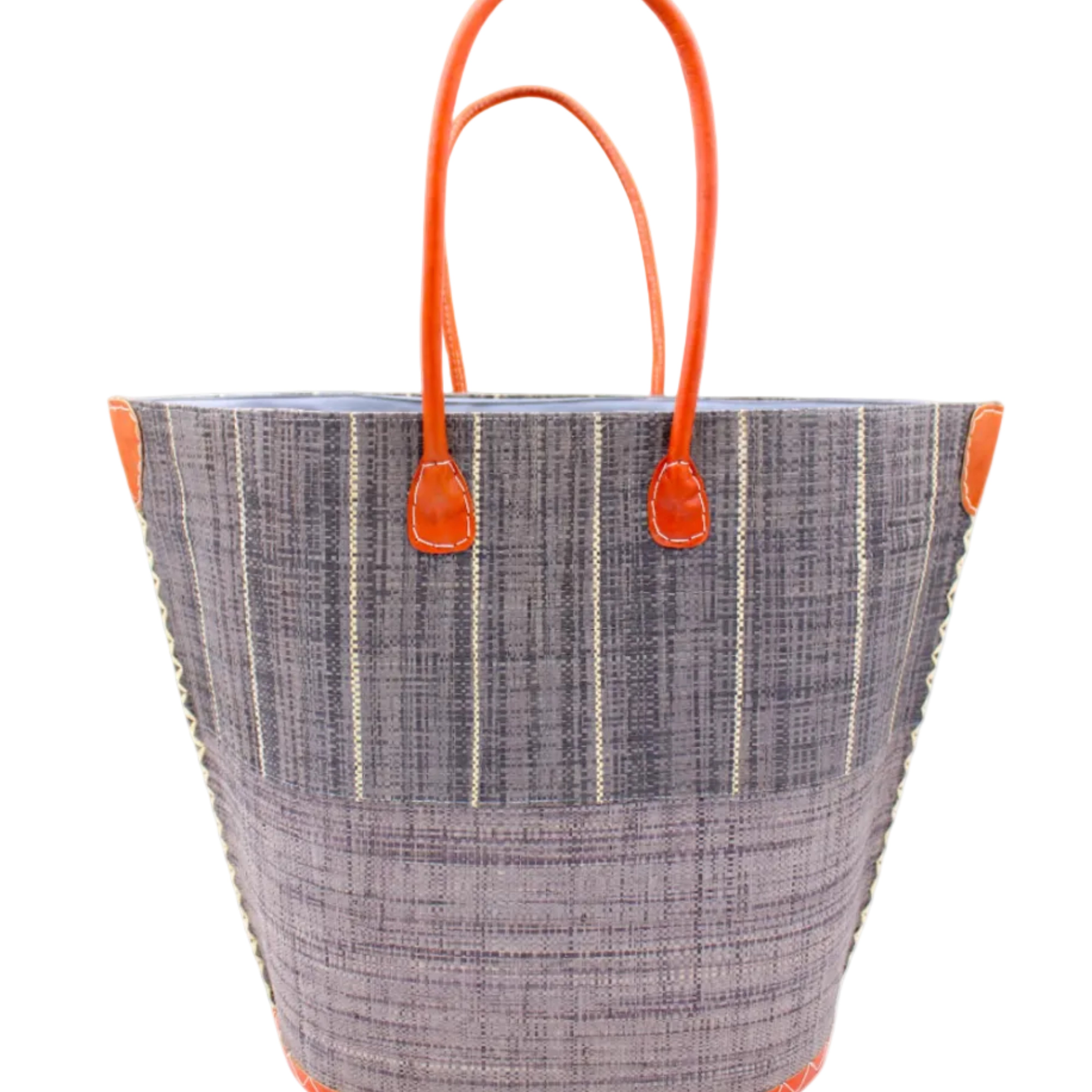 Santa Cruz Two Tone Large Straw Tote Bag handmade beach bag loomed raffia solid grey bottom with grey and natural straw color vertical pinstripe pattern top half plus leather handles xl handbag shoulder bag - Shebobo