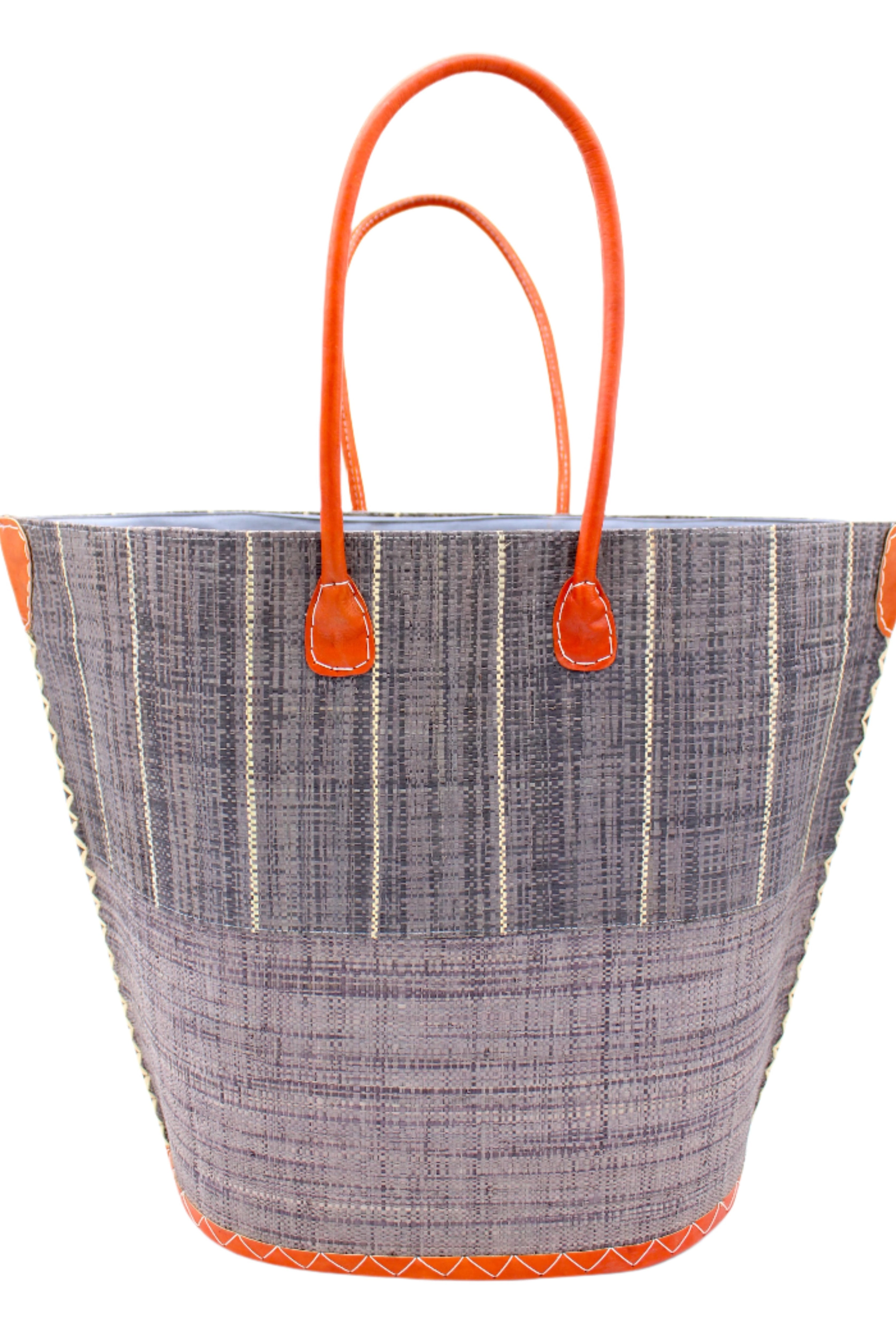 Santa Cruz Two Tone Large Straw Tote Bag handmade beach bag loomed raffia solid grey bottom with grey and natural straw color vertical pinstripe pattern top half plus leather handles xl handbag shoulder bag - Shebobo
