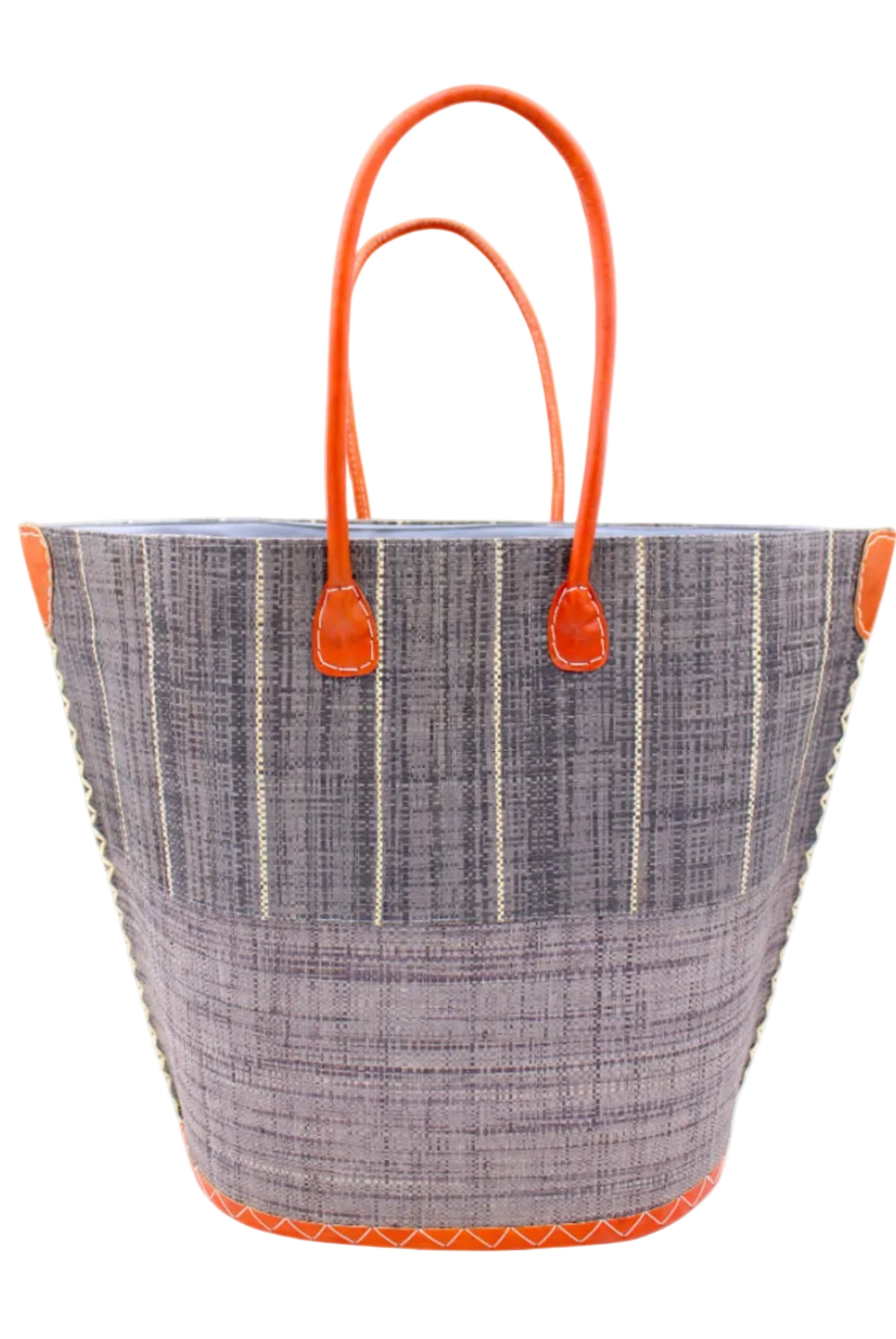 Santa Cruz Two Tone Large Straw Tote Bag handmade beach bag loomed raffia solid grey bottom with grey and natural straw color vertical pinstripe pattern top half plus leather handles xl handbag shoulder bag - Shebobo