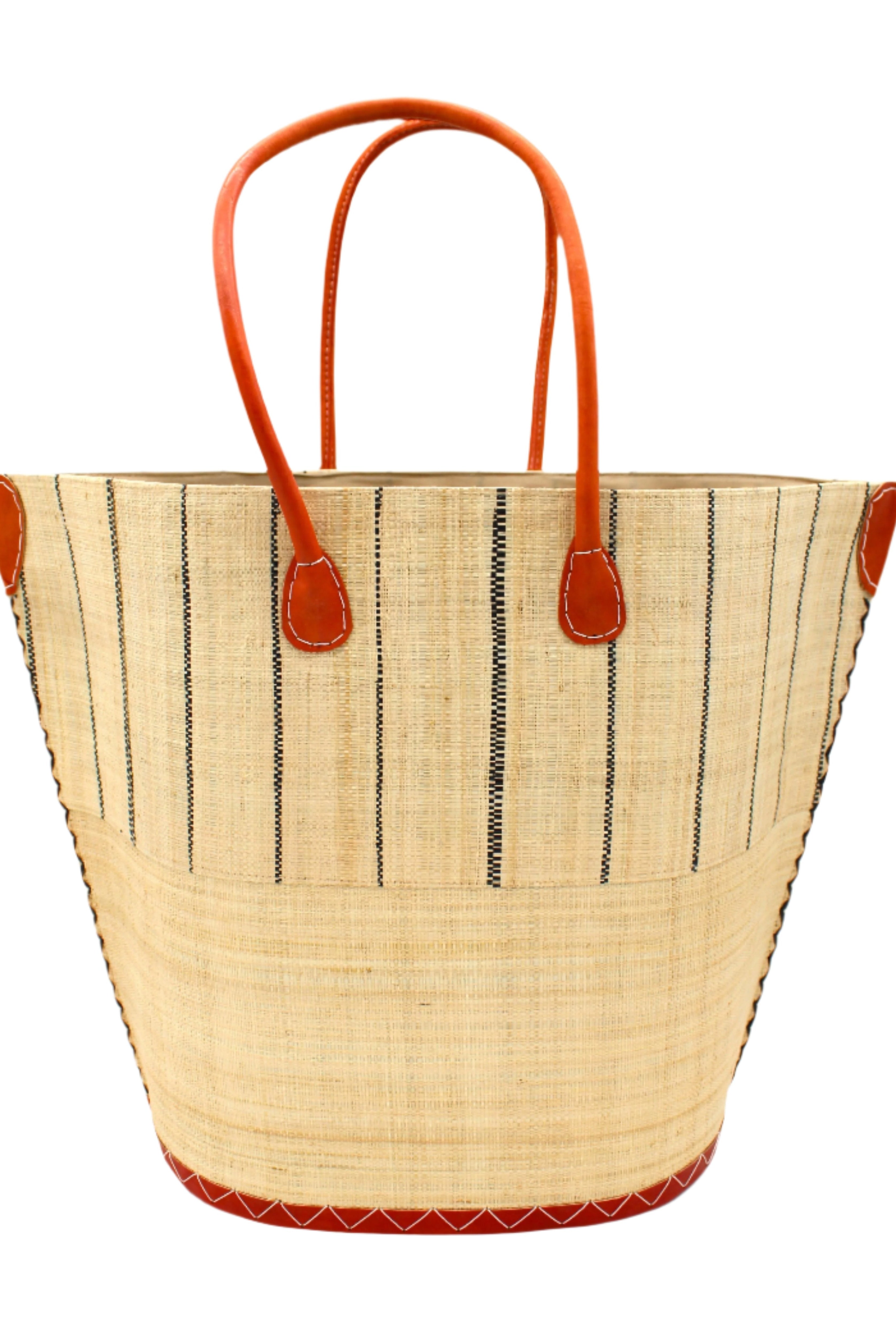 Santa Cruz Two Tone Large Straw Tote Bag handmade beach bag loomed raffia solid natural straw color bottom with natural and black vertical pinstripe pattern top half plus leather handles xl handbag shoulder bag - Shebobo