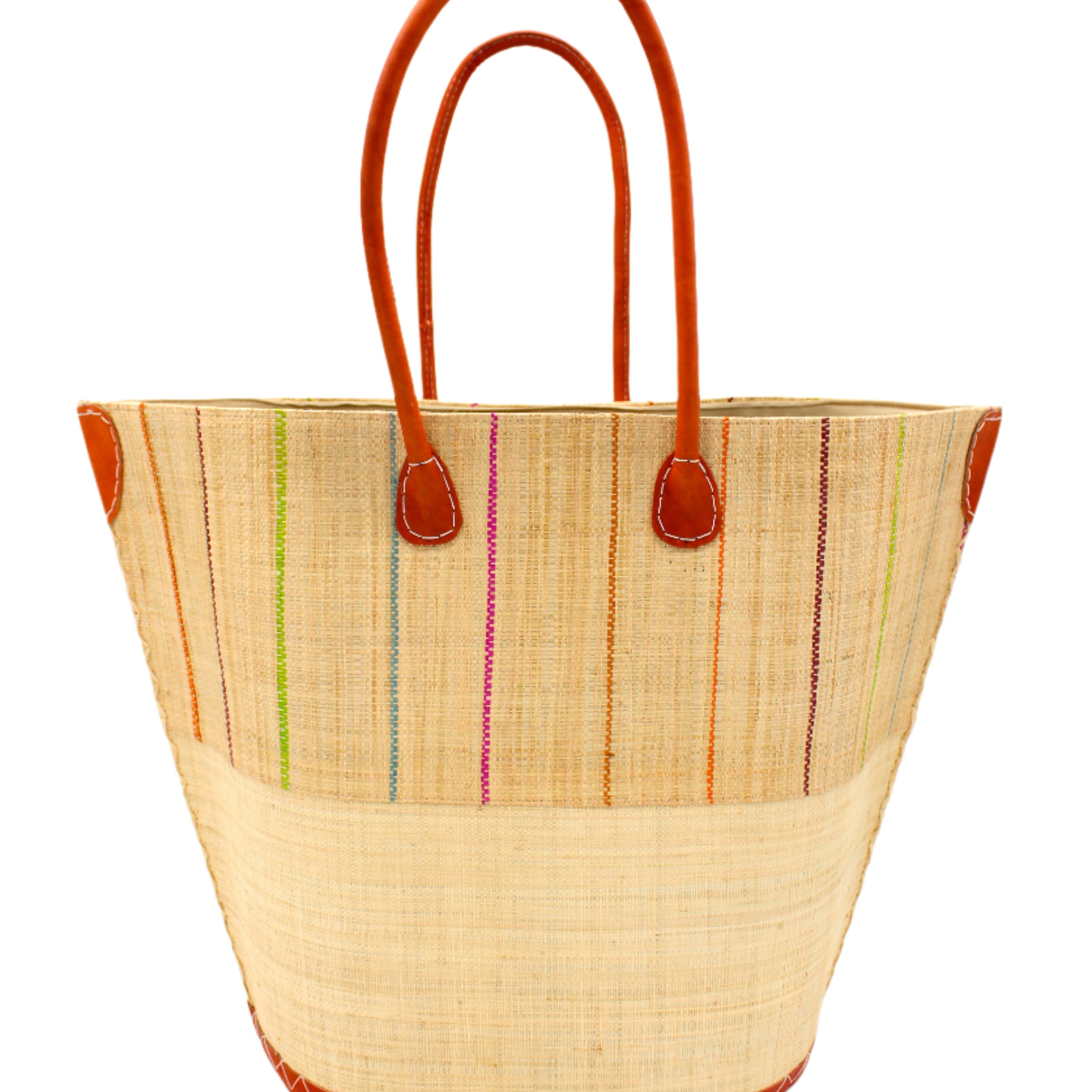 Santa Cruz Two Tone Large Straw Tote Bag handmade beach bag loomed raffia solid natural straw color bottom with natural and multicolor fuchsia pink, lime green, turquoise blue, orange, bordeaux red, and brown vertical pinstripe pattern top half plus leather handles xl handbag shoulder bag - Shebobo