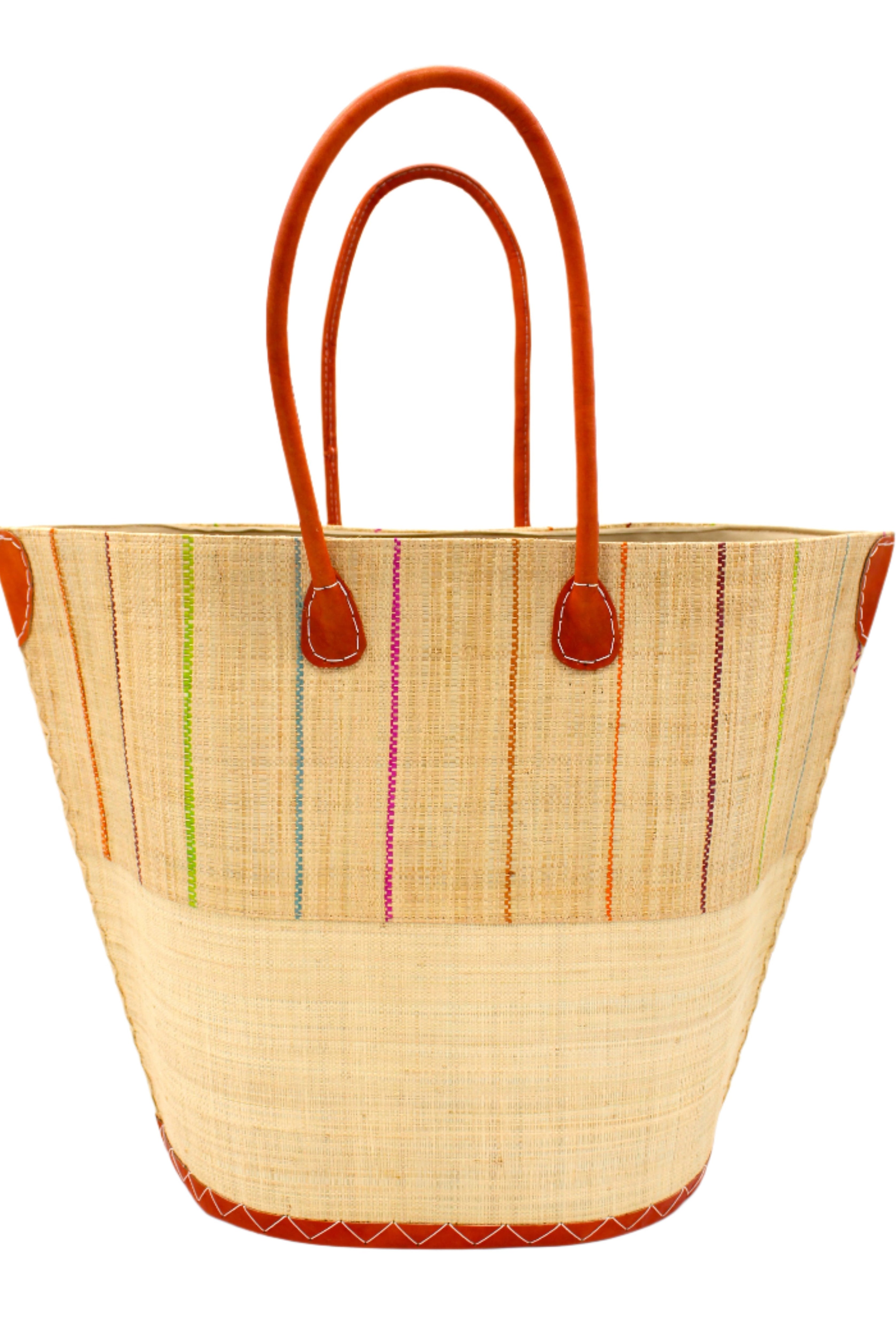 Santa Cruz Two Tone Large Straw Tote Bag handmade beach bag loomed raffia solid natural straw color bottom with natural and multicolor fuchsia pink, lime green, turquoise blue, orange, bordeaux red, and brown vertical pinstripe pattern top half plus leather handles xl handbag shoulder bag - Shebobo