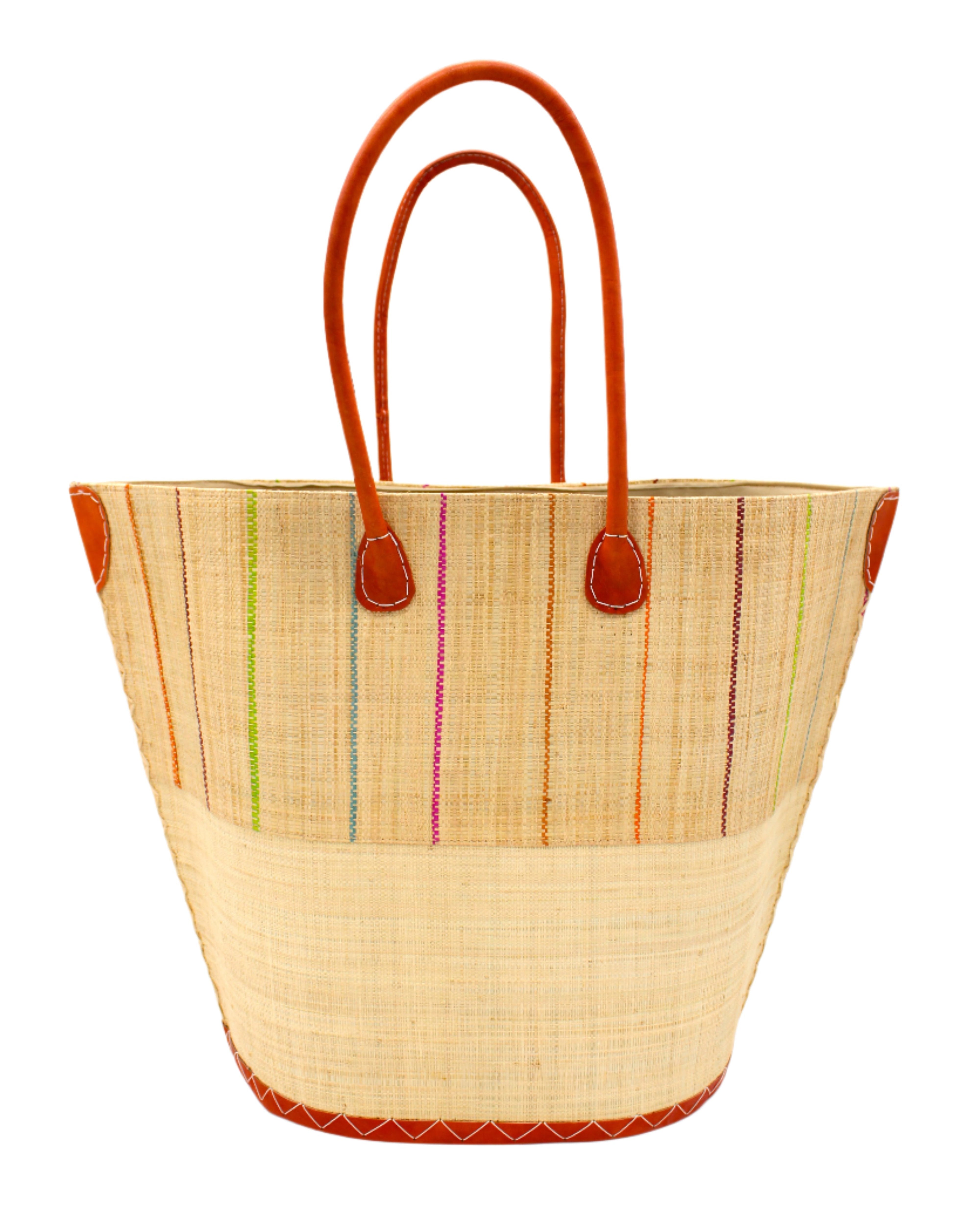 Santa Cruz Two Tone Large Straw Tote Bag handmade beach bag loomed raffia solid natural straw color bottom with natural and multicolor fuchsia pink, lime green, turquoise blue, orange, bordeaux red, and brown vertical pinstripe pattern top half plus leather handles xl handbag shoulder bag - Shebobo