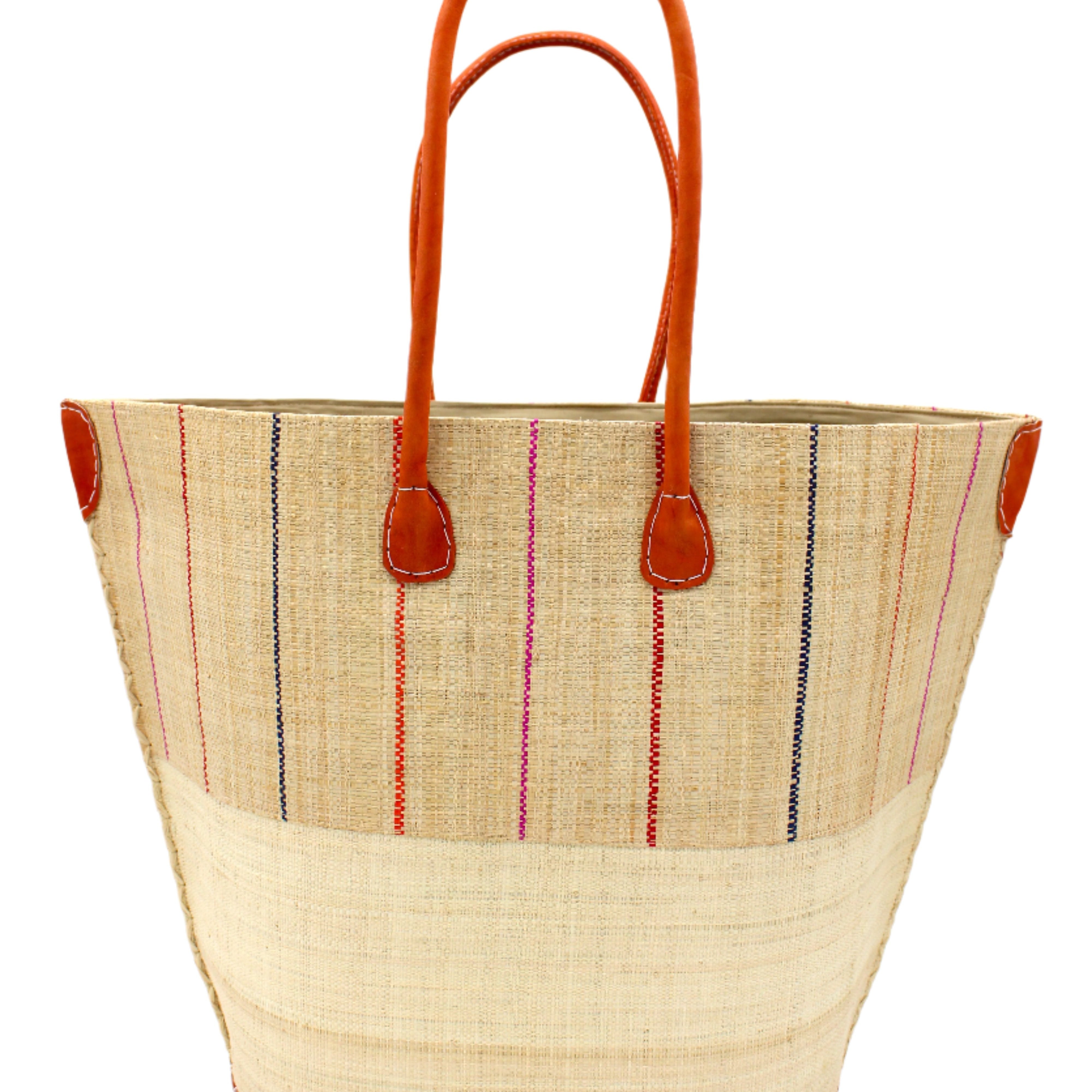Santa Cruz Two Tone Large Straw Tote Bag handmade beach bag loomed raffia solid natural straw color bottom with natural and multicolor fuchsia pink, coral orange, and navy blue vertical pinstripe pattern top half plus leather handles xl handbag shoulder bag - Shebobo