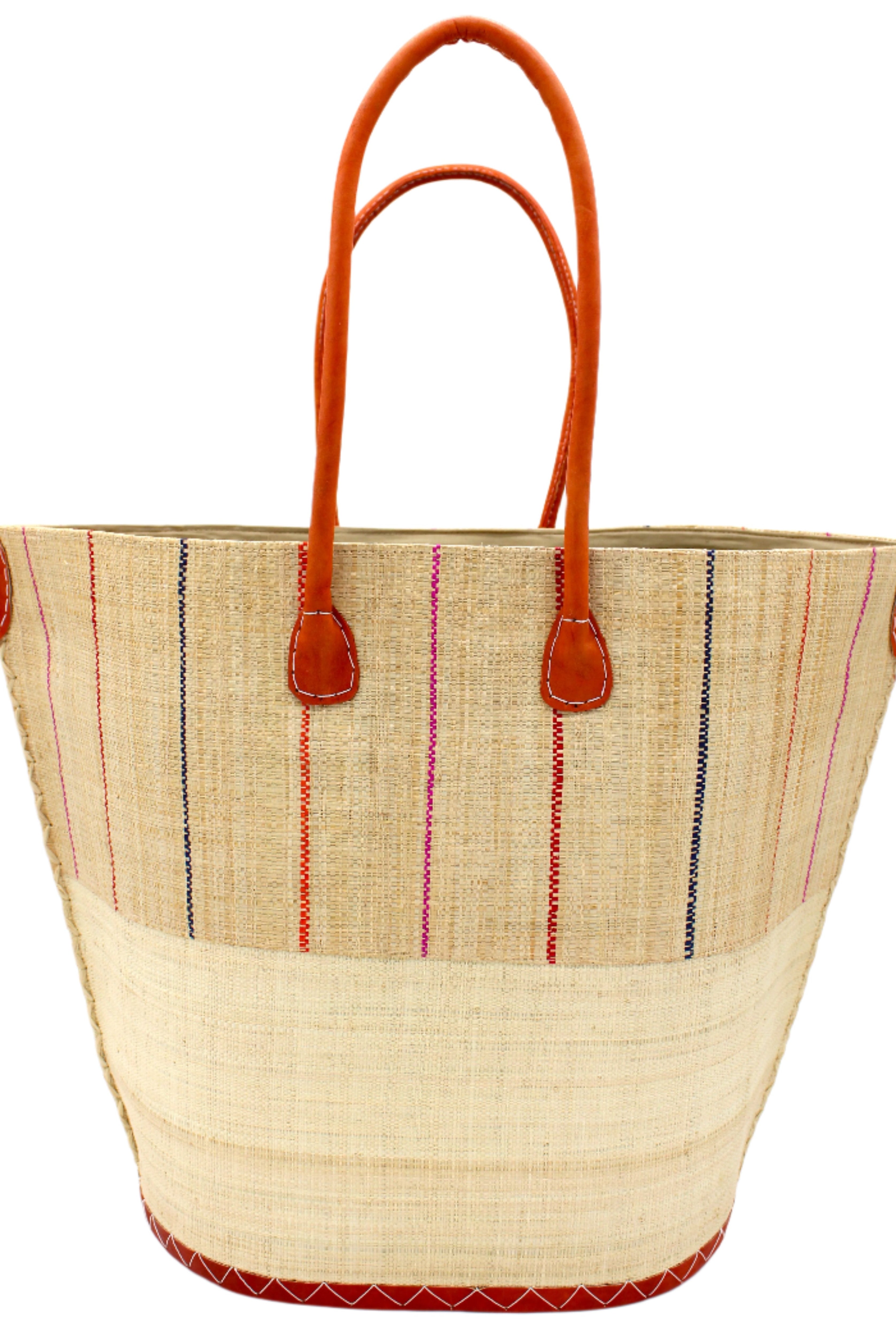 Santa Cruz Two Tone Large Straw Tote Bag handmade beach bag loomed raffia solid natural straw color bottom with natural and multicolor fuchsia pink, coral orange, and navy blue vertical pinstripe pattern top half plus leather handles xl handbag shoulder bag - Shebobo