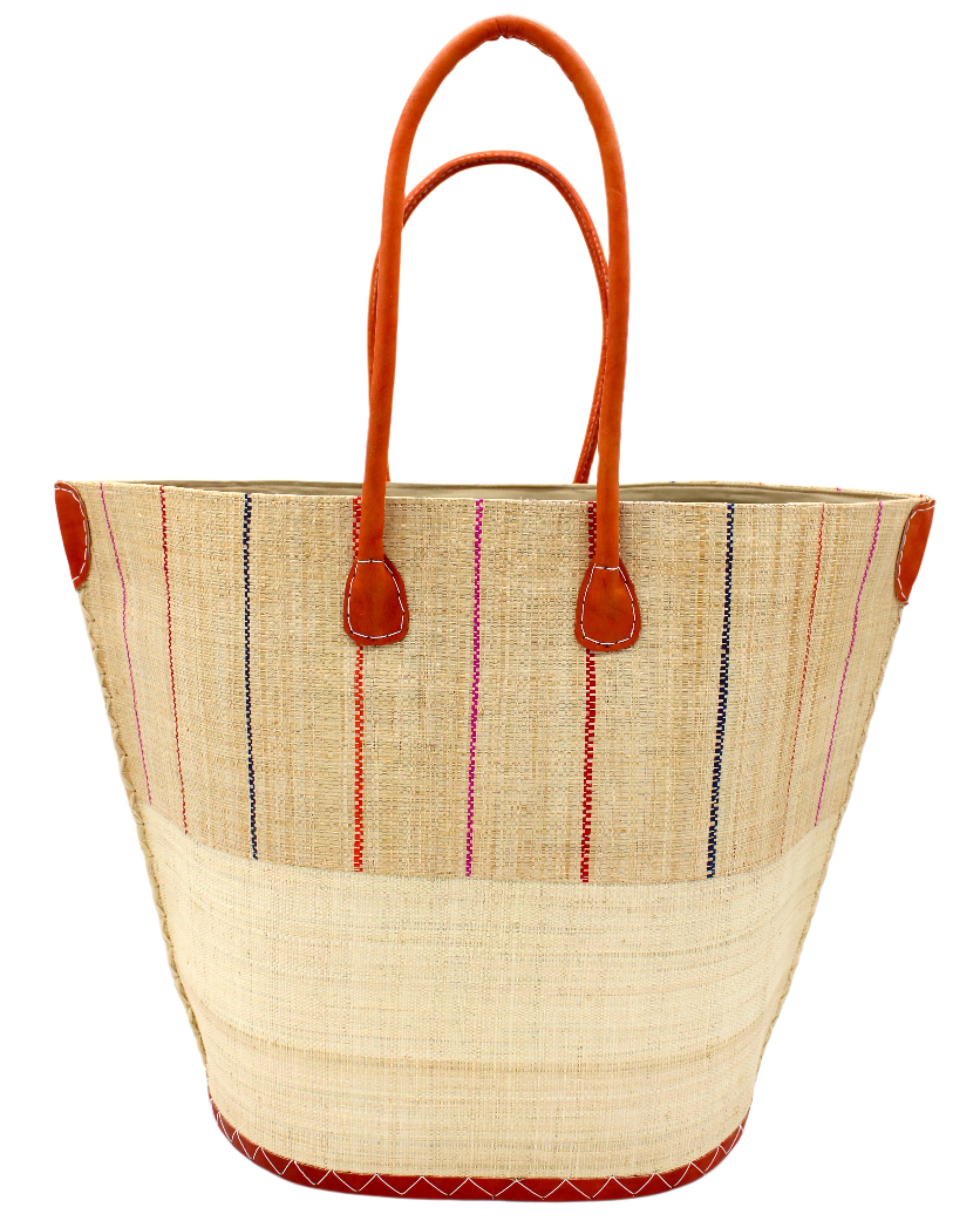 Santa Cruz Two Tone Large Straw Tote Bag handmade beach bag loomed raffia solid natural straw color bottom with natural and multicolor fuchsia pink, coral orange, and navy blue vertical pinstripe pattern top half plus leather handles xl handbag shoulder bag - Shebobo