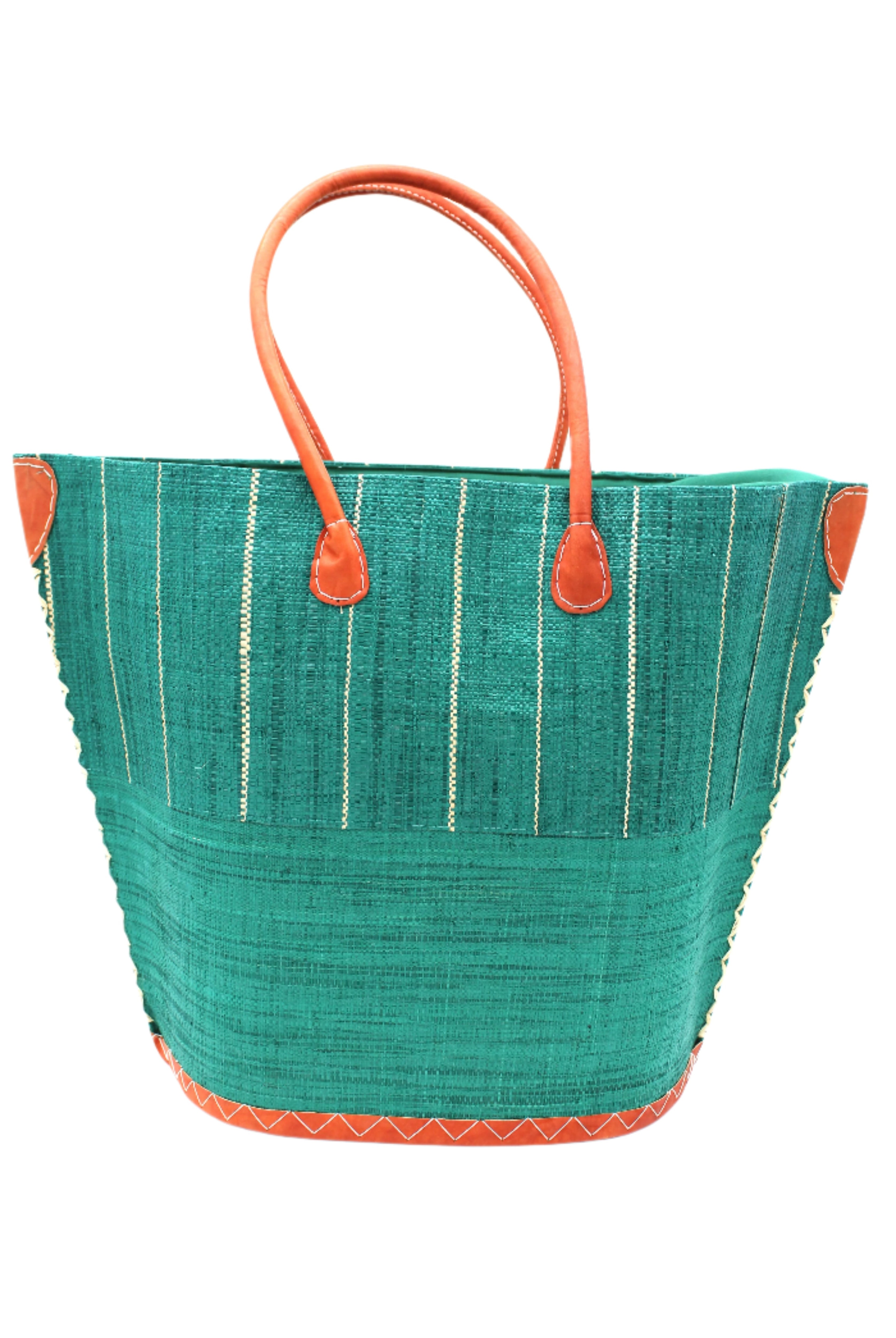 Santa Cruz Two Tone Large Straw Tote Bag handmade beach bag loomed raffia solid teal dark/blue/green bottom with teal and natural straw color vertical pinstripe pattern top half plus leather handles xl handbag shoulder bag - Shebobo
