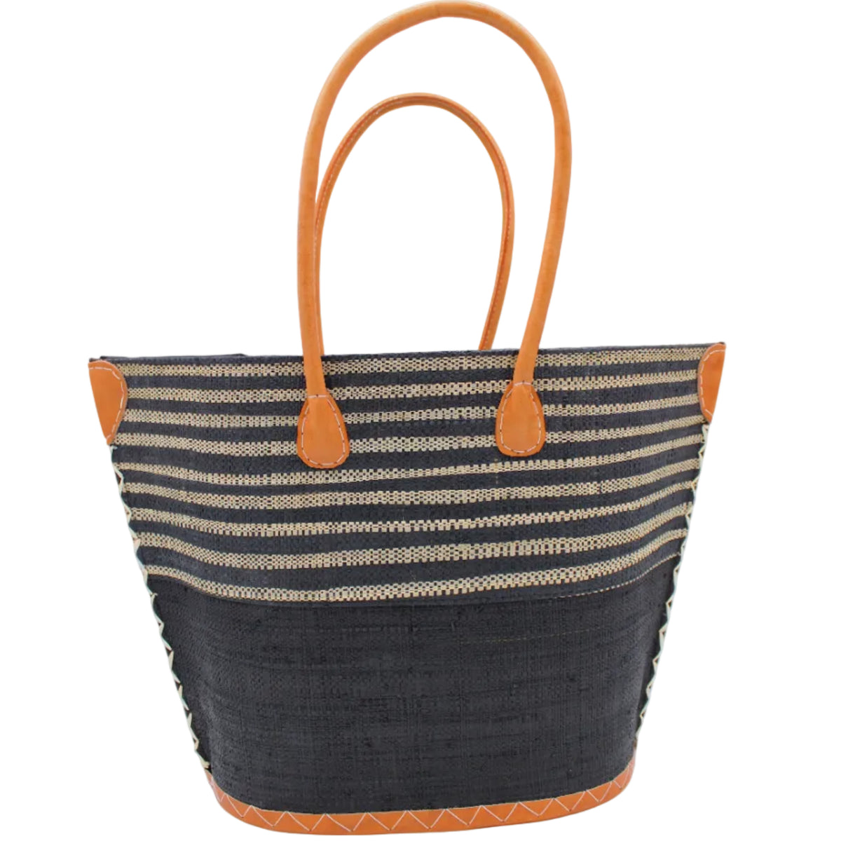 Santa Cruz Black & Natural Two Tone Wide Stripe Small Straw Tote Bag handmade loomed natural raffia palm fiber in a two tone color block pattern of solid black on the bottom half of the bag and two tone even width horizontal stripes of black and natural straw color on the top half of the bag with leather handles and details beach bag handbag purse - Shebobo