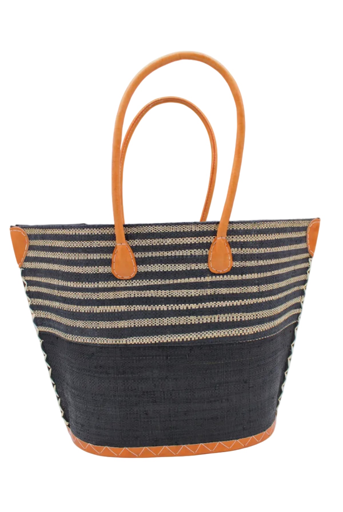 Santa Cruz Black & Natural Two Tone Wide Stripe Small Straw Tote Bag handmade loomed natural raffia palm fiber in a two tone color block pattern of solid black on the bottom half of the bag and two tone even width horizontal stripes of black and natural straw color on the top half of the bag with leather handles and details beach bag handbag purse - Shebobo