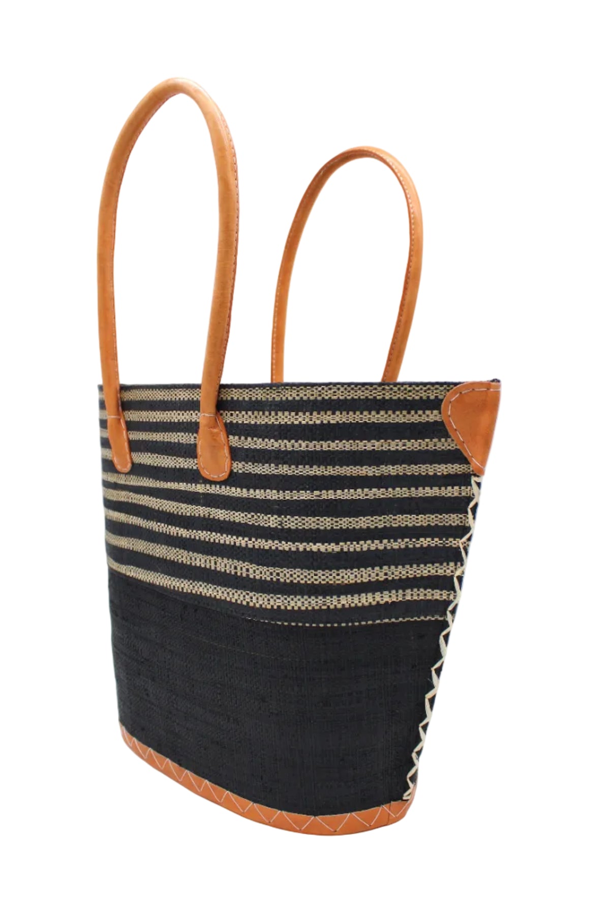 Side view Santa Cruz Black & Natural Two Tone Wide Stripe Small Straw Tote Bag handmade loomed natural raffia palm fiber in a two tone color block pattern of solid black on the bottom half of the bag and two tone even width horizontal stripes of black and natural straw color on the top half of the bag with leather handles and details beach bag handbag purse - Shebobo