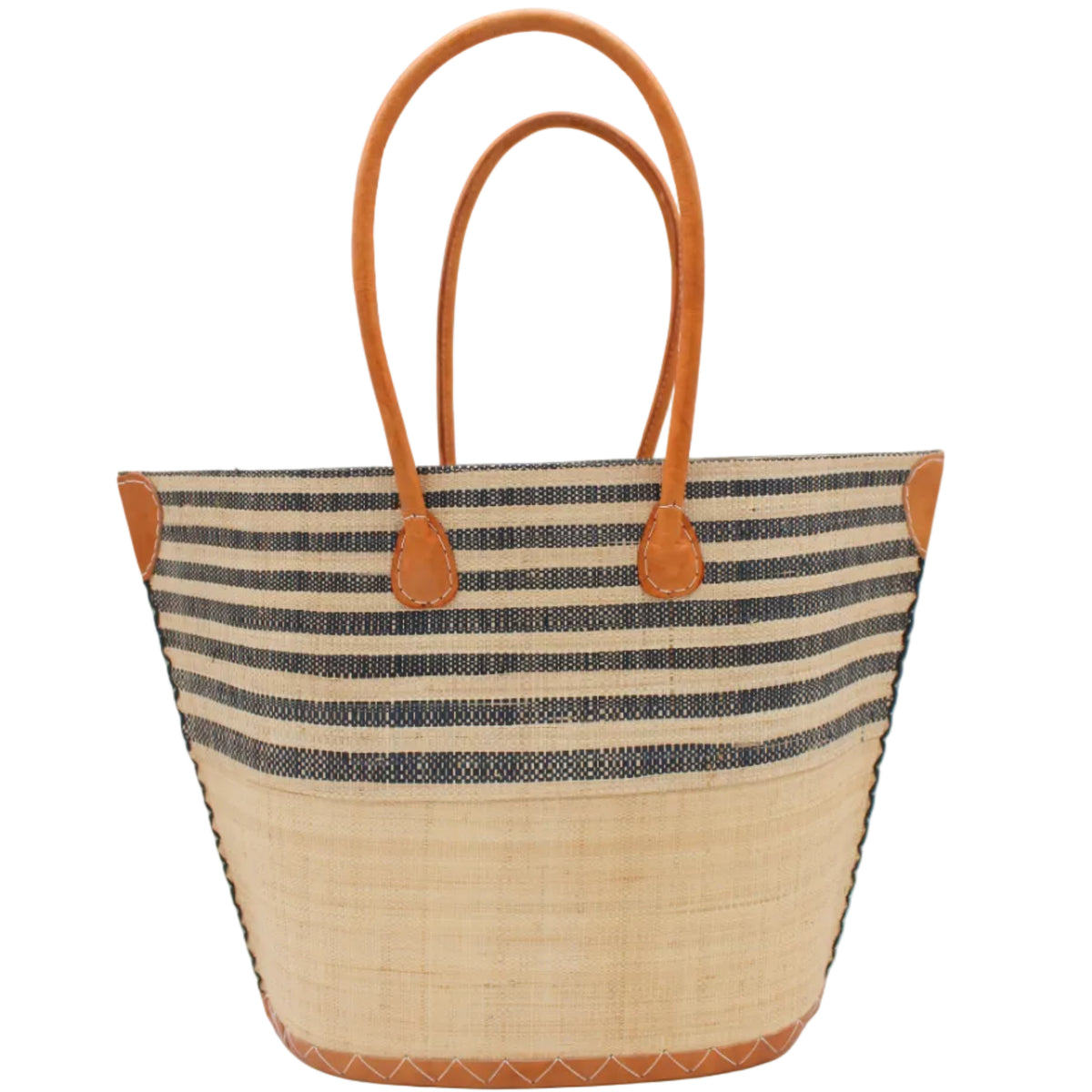 Santa Cruz Natural & Black Two Tone Wide Stripe Small Straw Tote Bag handmade loomed natural raffia palm fiber in a two tone color block pattern of solid Natural straw color on the bottom half of the bag and two tone even width horizontal stripes of natural and black on the top half of the bag with leather handles and details beach bag handbag purse - Shebobo