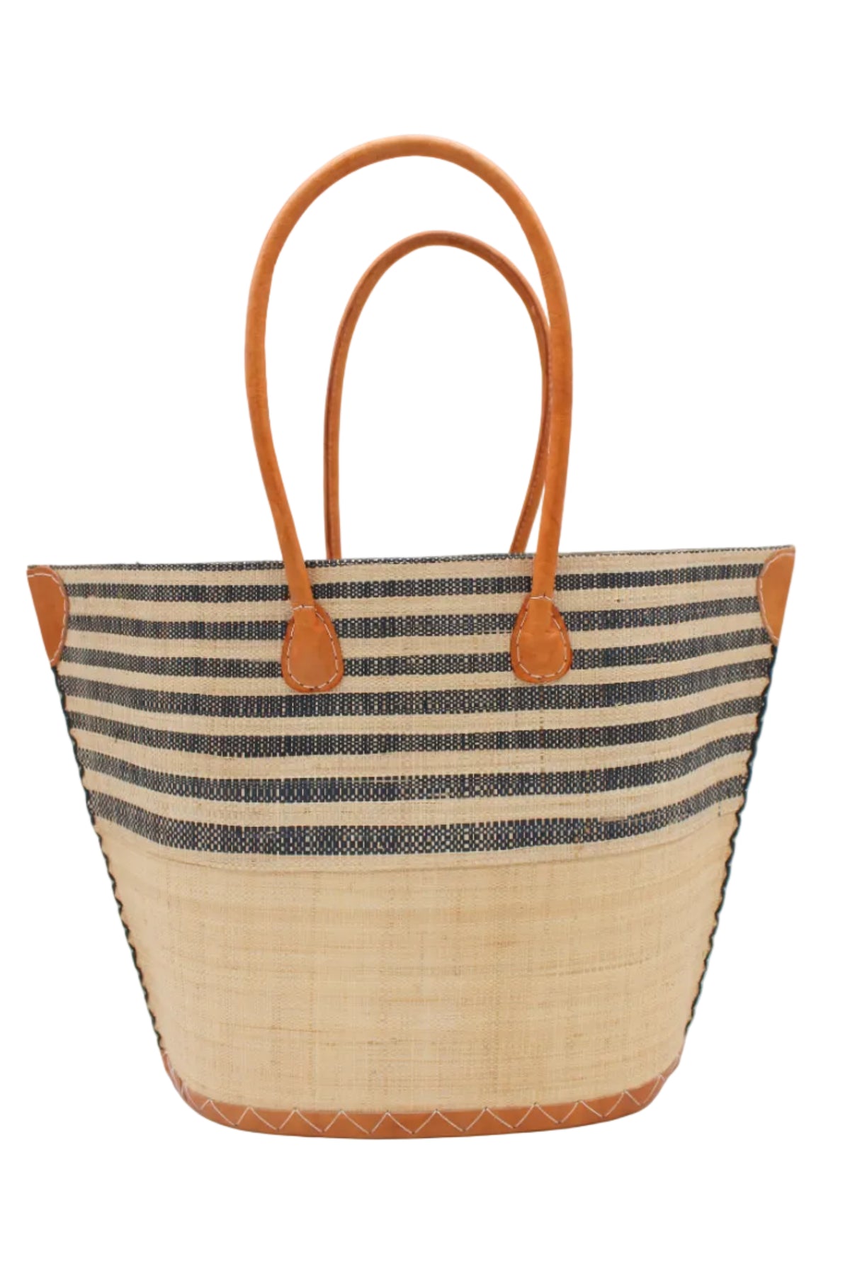 Santa Cruz Natural & Black Two Tone Wide Stripe Small Straw Tote Bag handmade loomed natural raffia palm fiber in a two tone color block pattern of solid Natural straw color on the bottom half of the bag and two tone even width horizontal stripes of natural and black on the top half of the bag with leather handles and details beach bag handbag purse - Shebobo