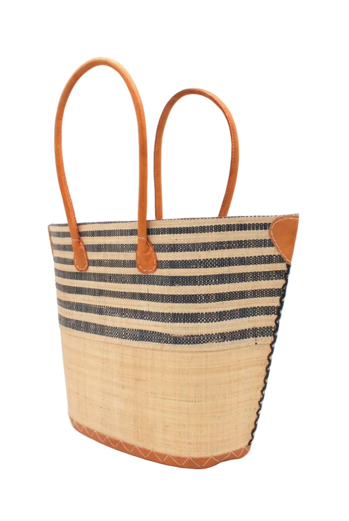 Side view Santa Cruz Natural & Black Two Tone Wide Stripe Small Straw Tote Bag handmade loomed natural raffia palm fiber in a two tone color block pattern of solid Natural straw color on the bottom half of the bag and two tone even width horizontal stripes of natural and black on the top half of the bag with leather handles and details beach bag handbag purse - Shebobo