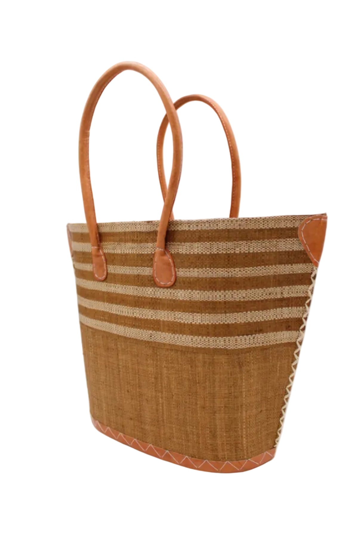 Side view Santa Cruz Tobacco & Natural Two Tone Wide Stripe Small Straw Tote Bag handmade loomed natural raffia palm fiber in a two tone color block pattern of solid Tobacco dark/cinnamon/brown on the bottom half of the bag and two tone even width horizontal stripes of tobacco and natural straw color on the top half of the bag with leather handles and details beach bag handbag purse - Shebobo