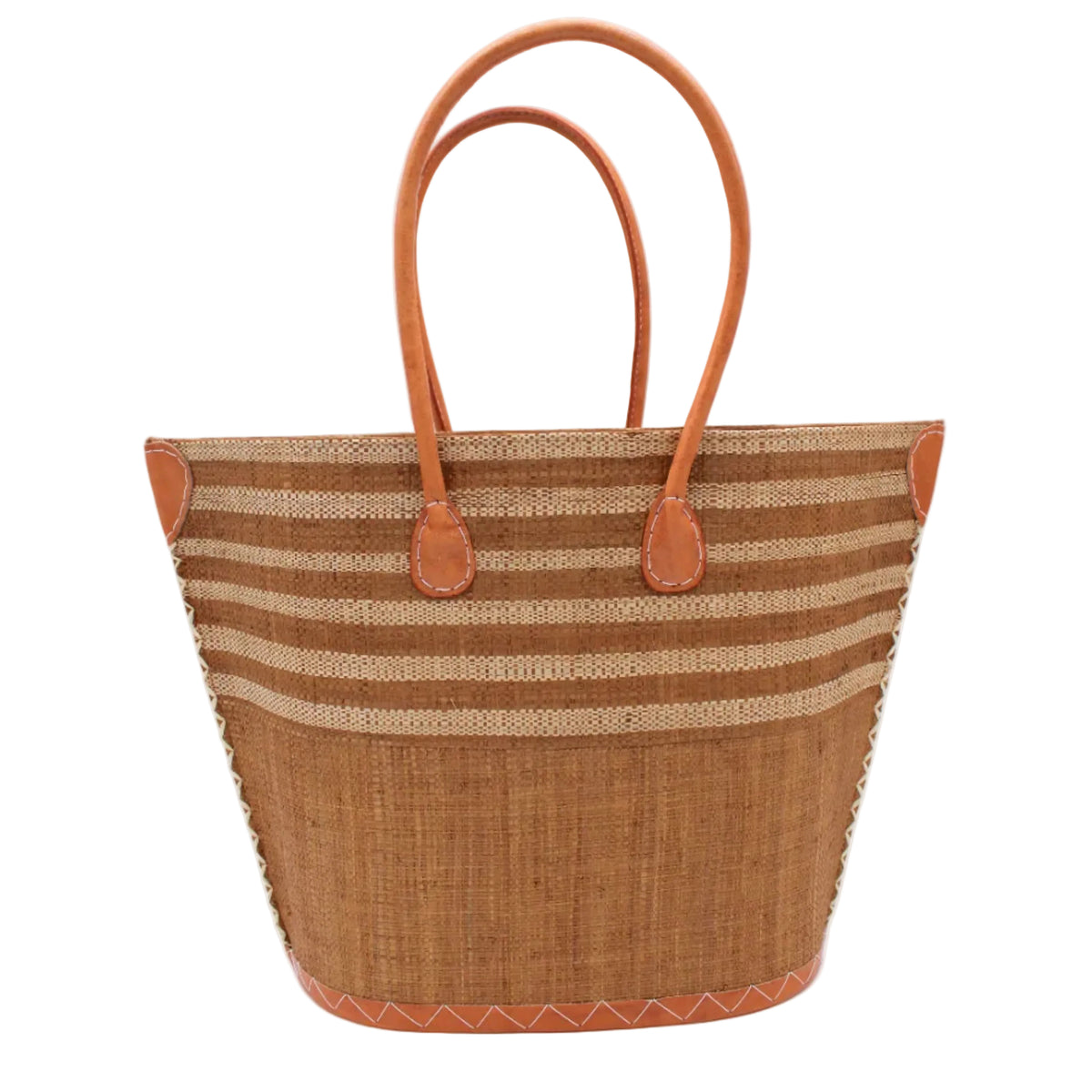 Santa Cruz Tobacco & Natural Two Tone Wide Stripe Small Straw Tote Bag handmade loomed natural raffia palm fiber in a two tone color block pattern of solid Tobacco dark/cinnamon/brown on the bottom half of the bag and two tone even width horizontal stripes of tobacco and natural straw color on the top half of the bag with leather handles and details beach bag handbag purse - Shebobo