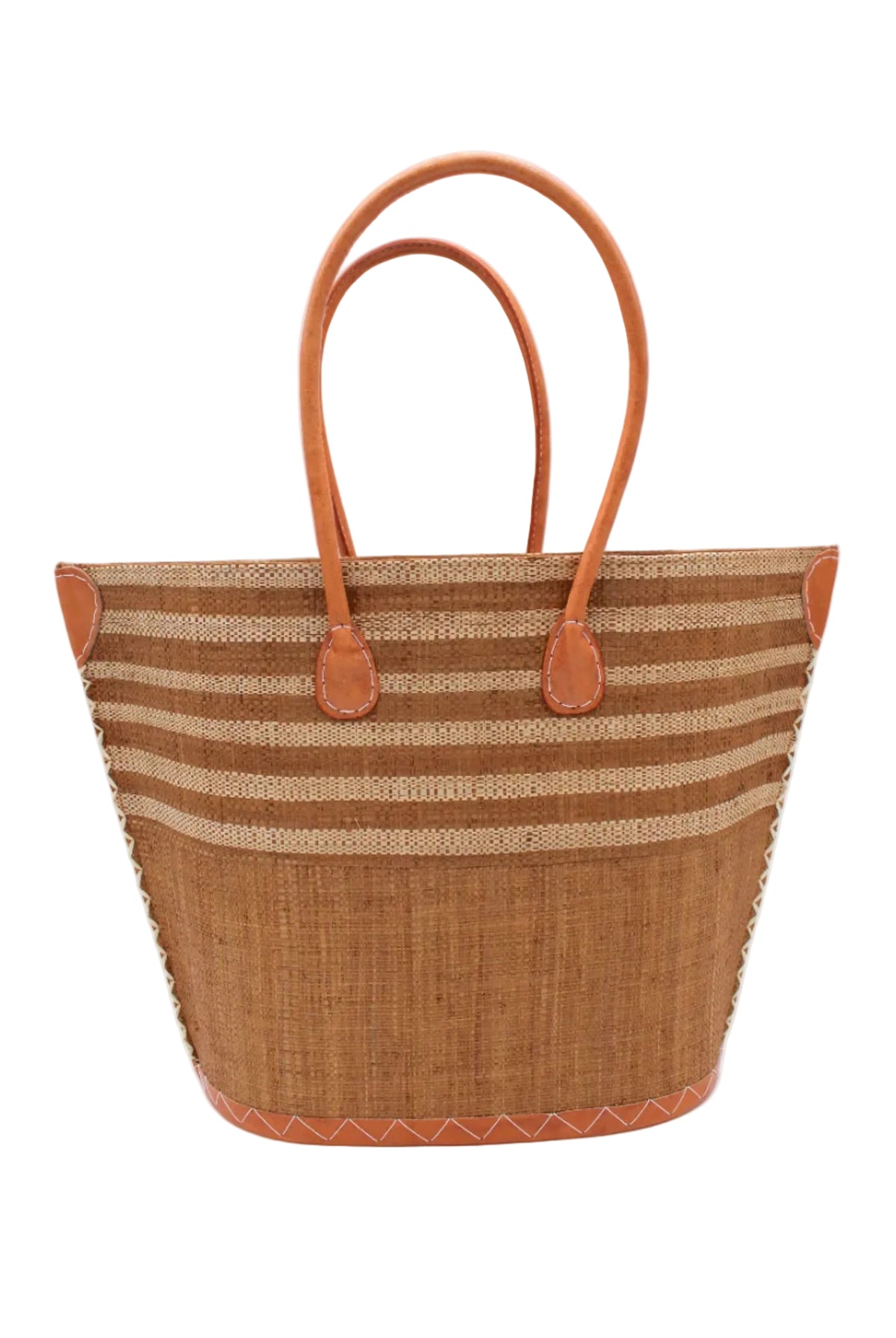 Santa Cruz Tobacco & Natural Two Tone Wide Stripe Small Straw Tote Bag handmade loomed natural raffia palm fiber in a two tone color block pattern of solid Tobacco dark/cinnamon/brown on the bottom half of the bag and two tone even width horizontal stripes of tobacco and natural straw color on the top half of the bag with leather handles and details beach bag handbag purse - Shebobo