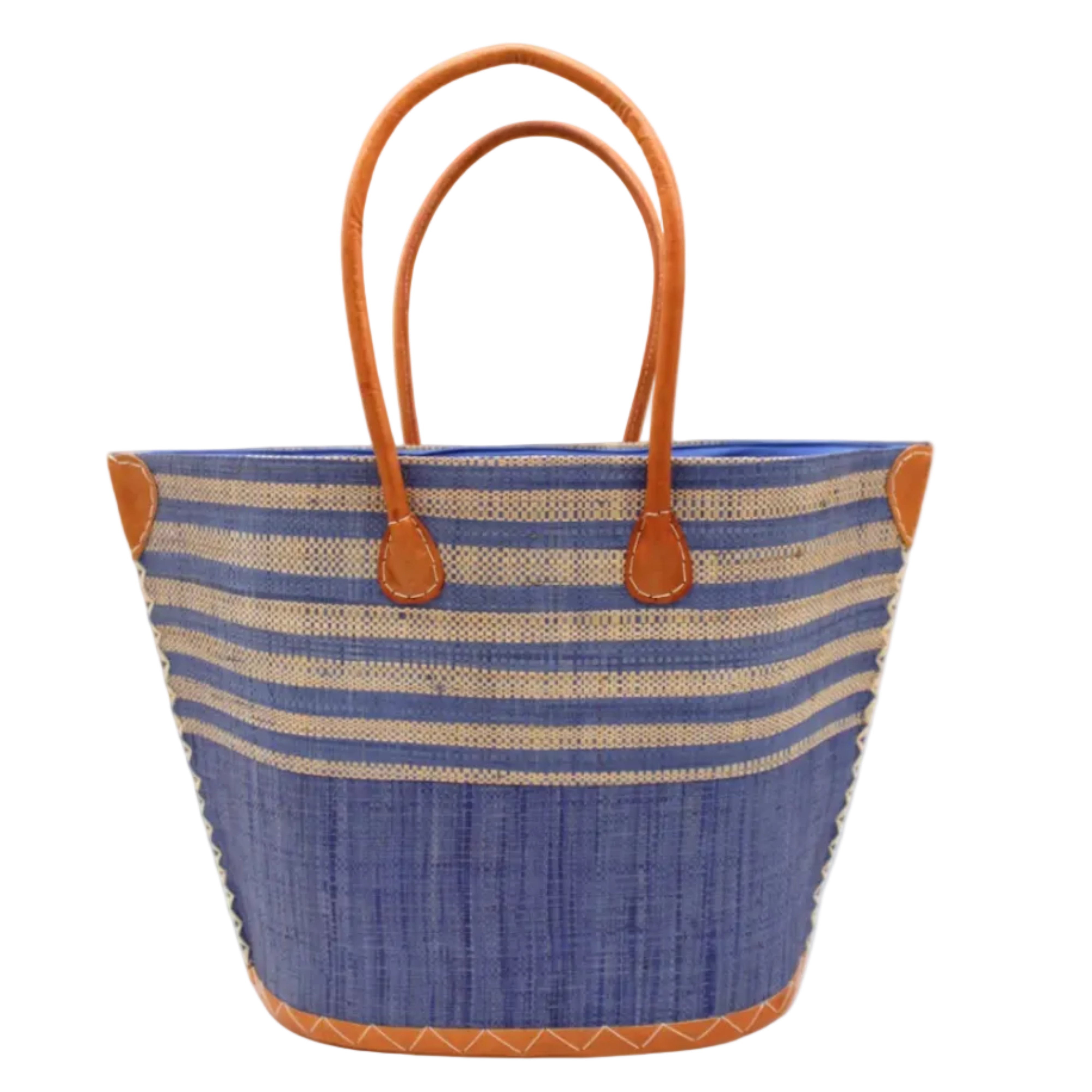 Santa Cruz Denim & Natural Two Tone Wide Stripe Small Straw Tote Bag handmade loomed natural raffia palm fiber in a two tone color block pattern of solid denim retro/light/blue on the bottom half of the bag and two tone even width horizontal stripes of denim and natural straw color on the top half of the bag with leather handles and details beach bag handbag purse - Shebobo