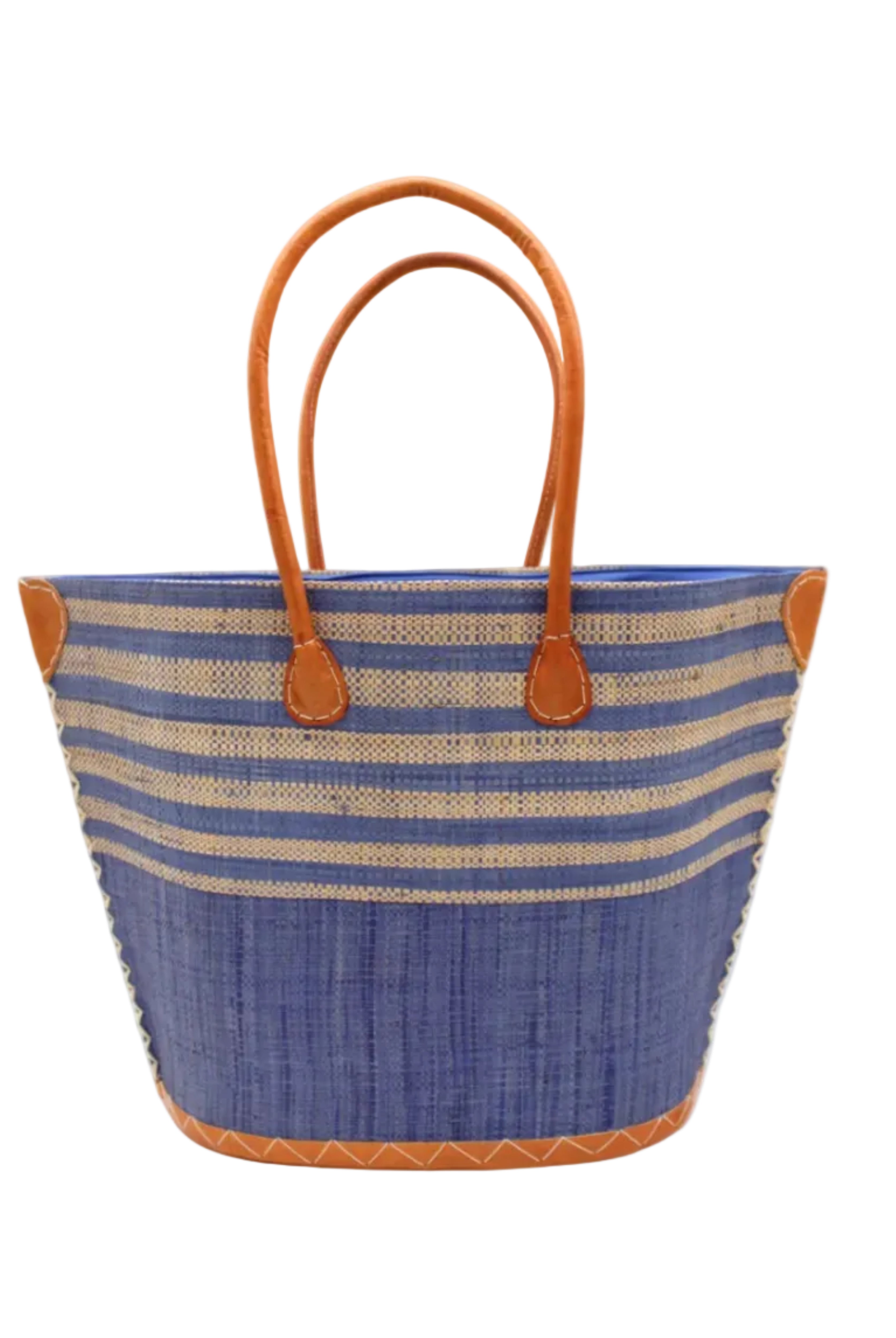Santa Cruz Denim & Natural Two Tone Wide Stripe Small Straw Tote Bag handmade loomed natural raffia palm fiber in a two tone color block pattern of solid denim retro/light/blue on the bottom half of the bag and two tone even width horizontal stripes of denim and natural straw color on the top half of the bag with leather handles and details beach bag handbag purse - Shebobo