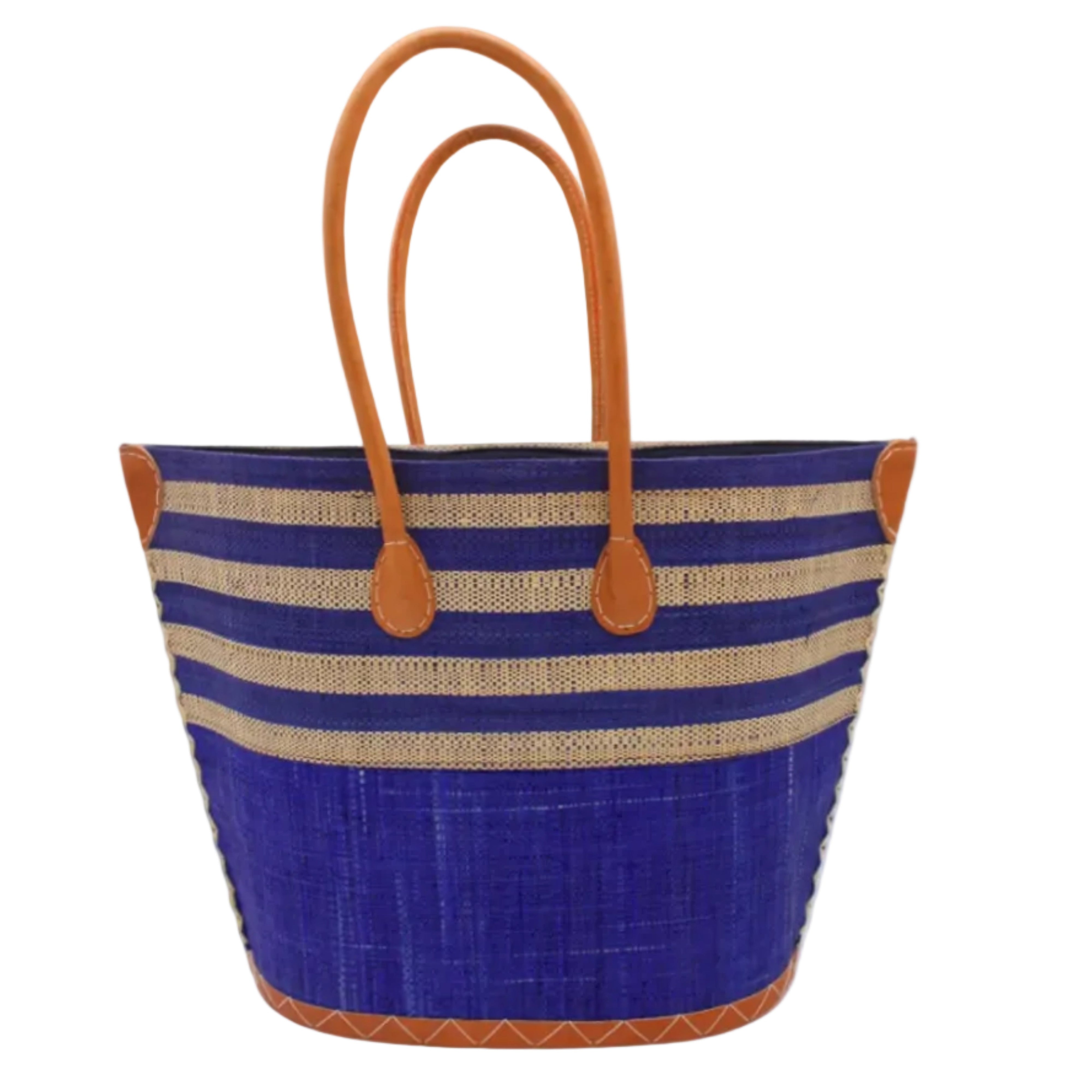 Santa Cruz Dusk & Natural Two Tone Wide Stripe Small Straw Tote Bag handmade loomed natural raffia palm fiber in a two tone color block pattern of solid dusk navy/dark/blue on the bottom half of the bag and two tone even width horizontal stripes of dusk and natural straw color on the top half of the bag with leather handles and details beach bag handbag purse - Shebobo
