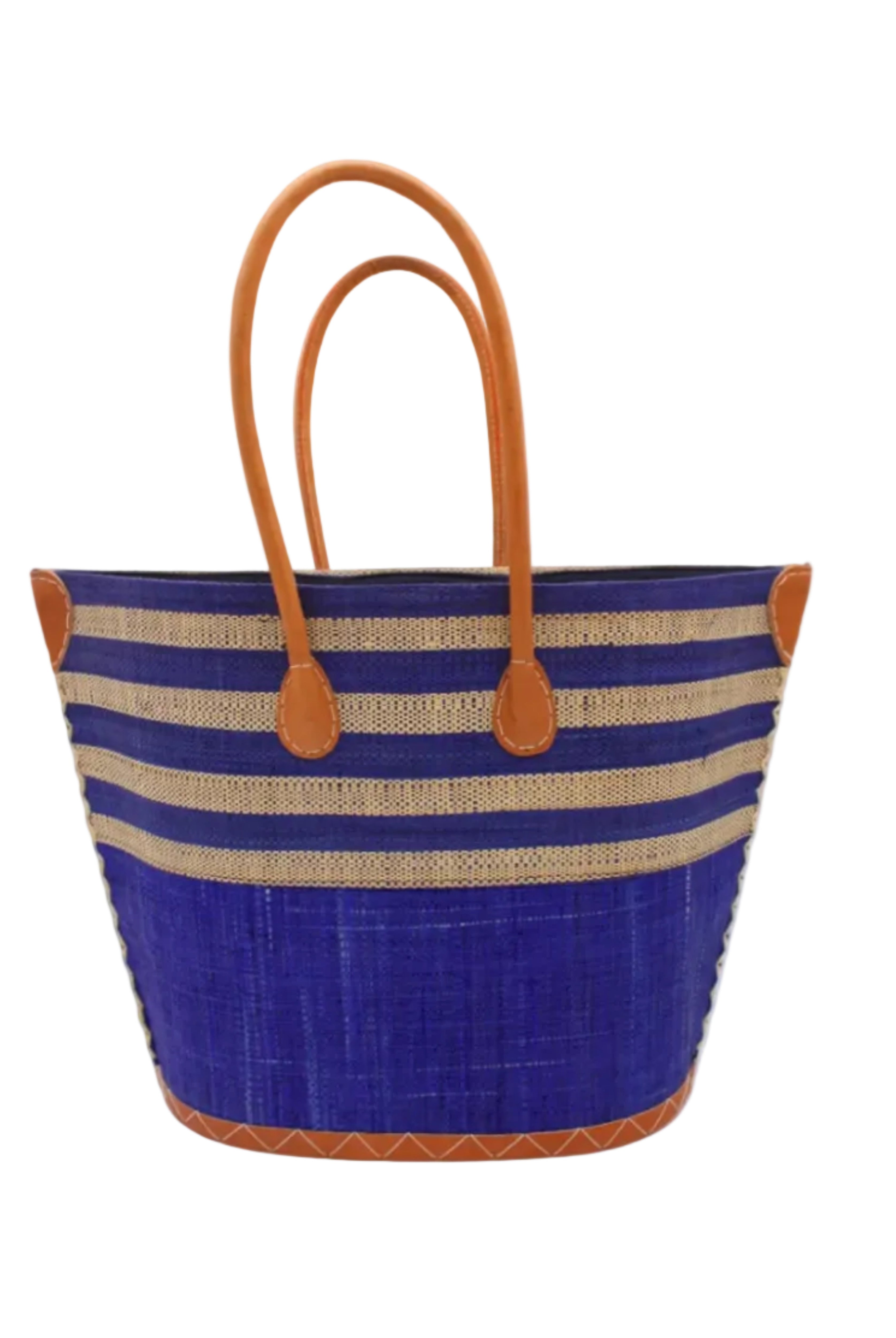 Santa Cruz Dusk & Natural Two Tone Wide Stripe Small Straw Tote Bag handmade loomed natural raffia palm fiber in a two tone color block pattern of solid dusk navy/dark/blue on the bottom half of the bag and two tone even width horizontal stripes of dusk and natural straw color on the top half of the bag with leather handles and details beach bag handbag purse - Shebobo