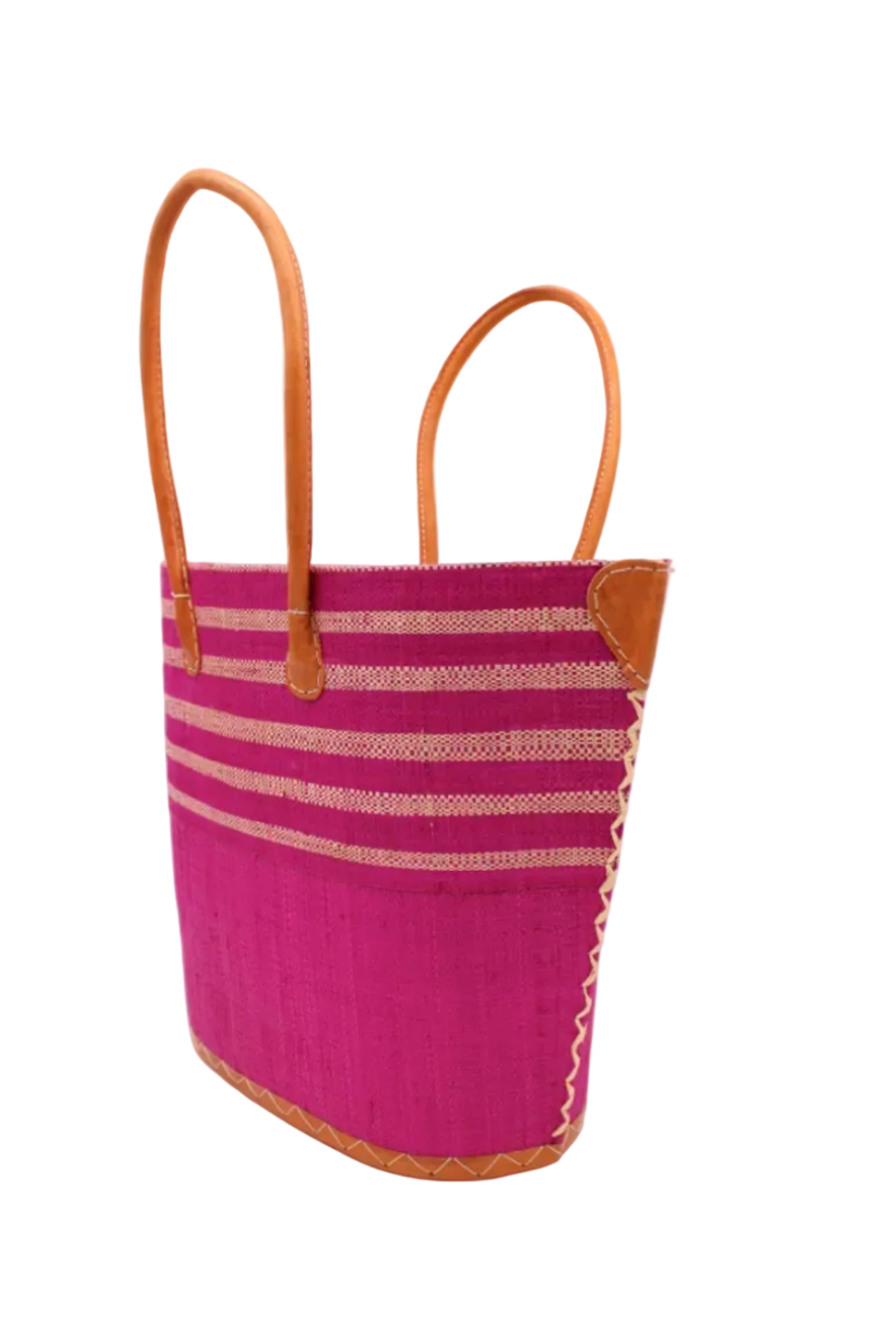 Side view Santa Cruz Fuchsia & Natural Two Tone Wide Stripe Small Straw Tote Bag handmade loomed natural raffia palm fiber in a two tone color block pattern of solid fuchsia hot/bright/barbie/pink on the bottom half of the bag and two tone even width horizontal stripes of fuchsia and natural straw color on the top half of the bag with leather handles and details beach bag handbag purse - Shebobo