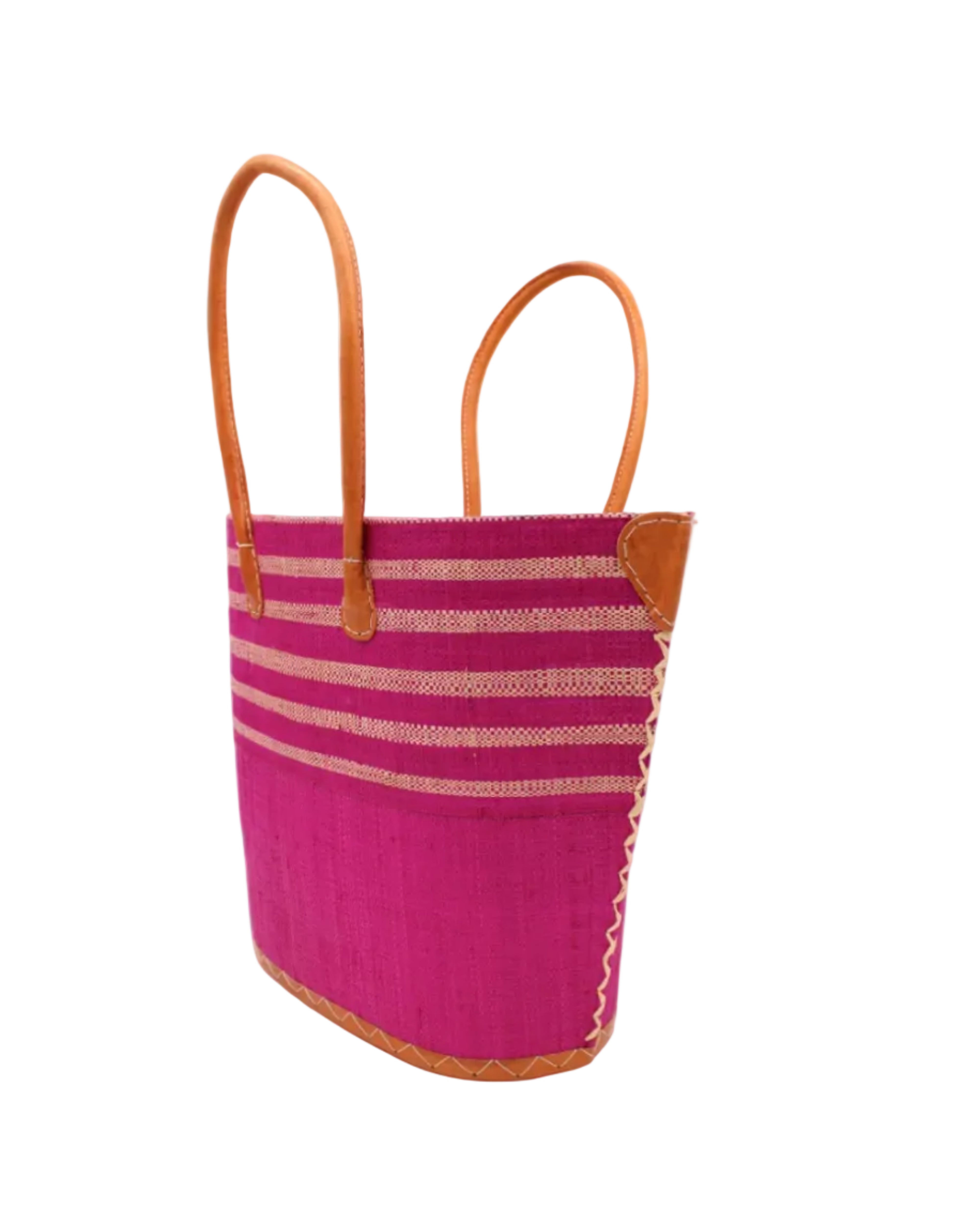 Side view Santa Cruz Fuchsia & Natural Two Tone Wide Stripe Small Straw Tote Bag handmade loomed natural raffia palm fiber in a two tone color block pattern of solid fuchsia hot/bright/barbie/pink on the bottom half of the bag and two tone even width horizontal stripes of fuchsia and natural straw color on the top half of the bag with leather handles and details beach bag handbag purse - Shebobo