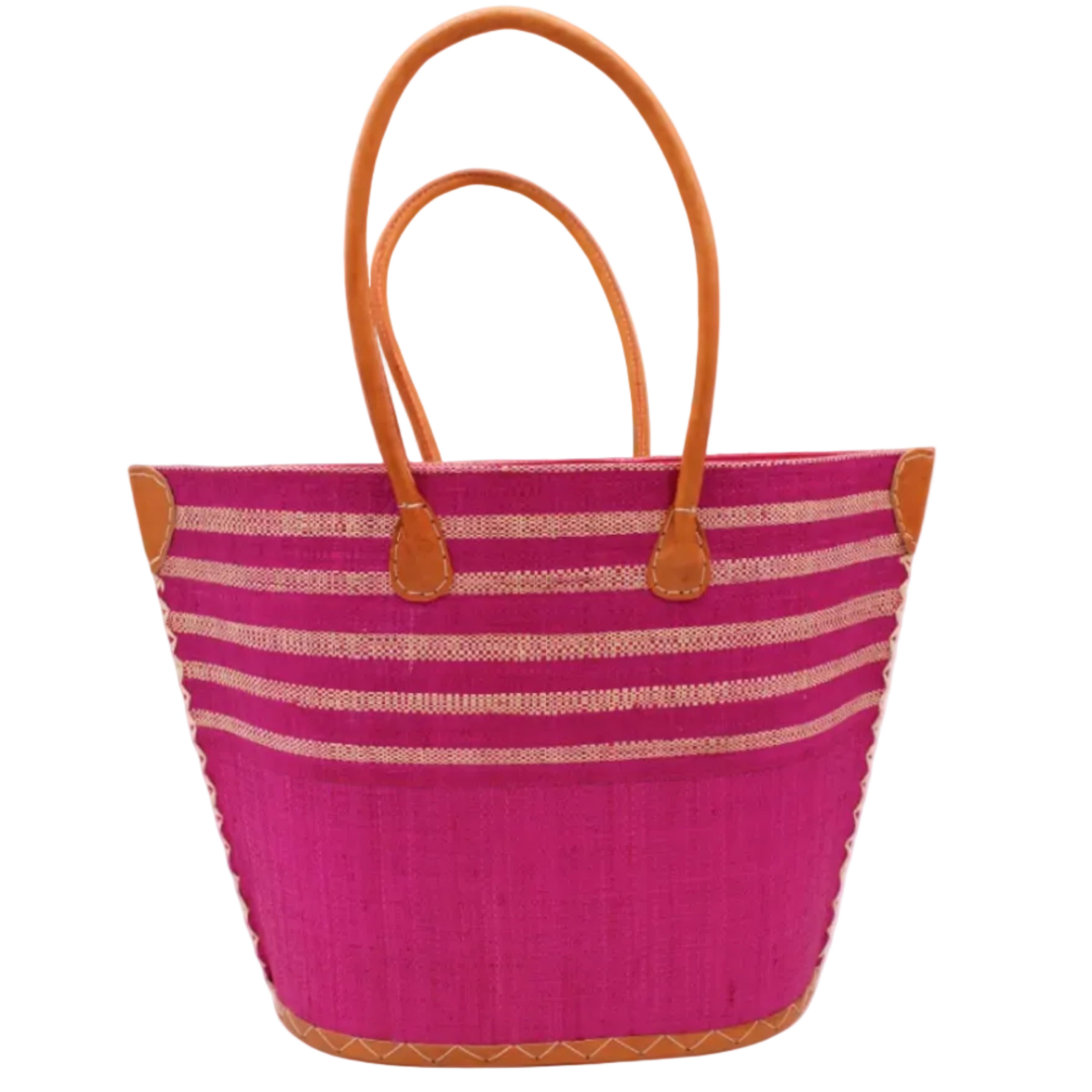 Santa Cruz Fuchsia & Natural Two Tone Wide Stripe Small Straw Tote Bag handmade loomed natural raffia palm fiber in a two tone color block pattern of solid fuchsia hot/bright/barbie/pink on the bottom half of the bag and two tone even width horizontal stripes of fuchsia and natural straw color on the top half of the bag with leather handles and details beach bag handbag purse - Shebobo