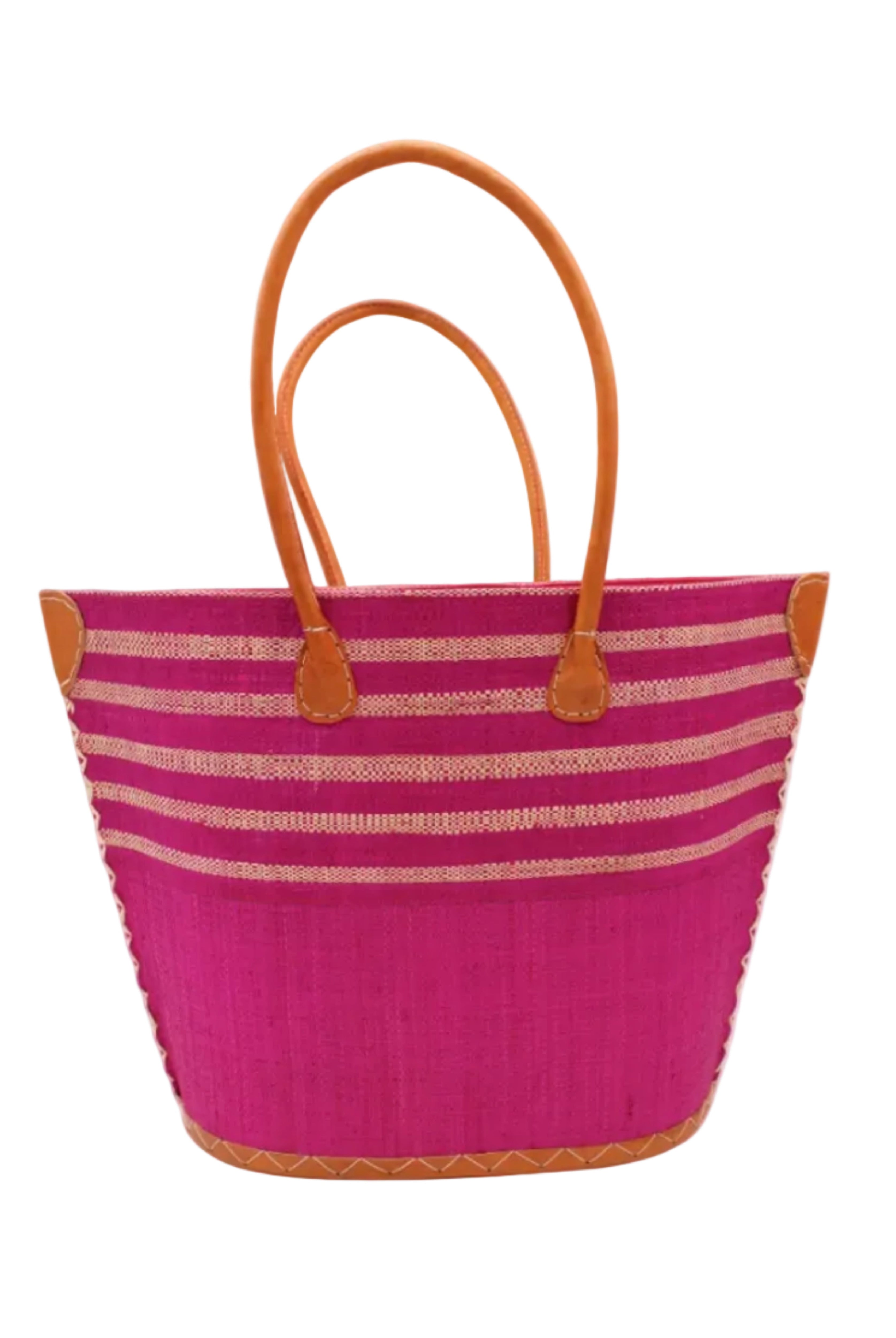 Santa Cruz Fuchsia & Natural Two Tone Wide Stripe Small Straw Tote Bag handmade loomed natural raffia palm fiber in a two tone color block pattern of solid fuchsia hot/bright/barbie/pink on the bottom half of the bag and two tone even width horizontal stripes of fuchsia and natural straw color on the top half of the bag with leather handles and details beach bag handbag purse - Shebobo