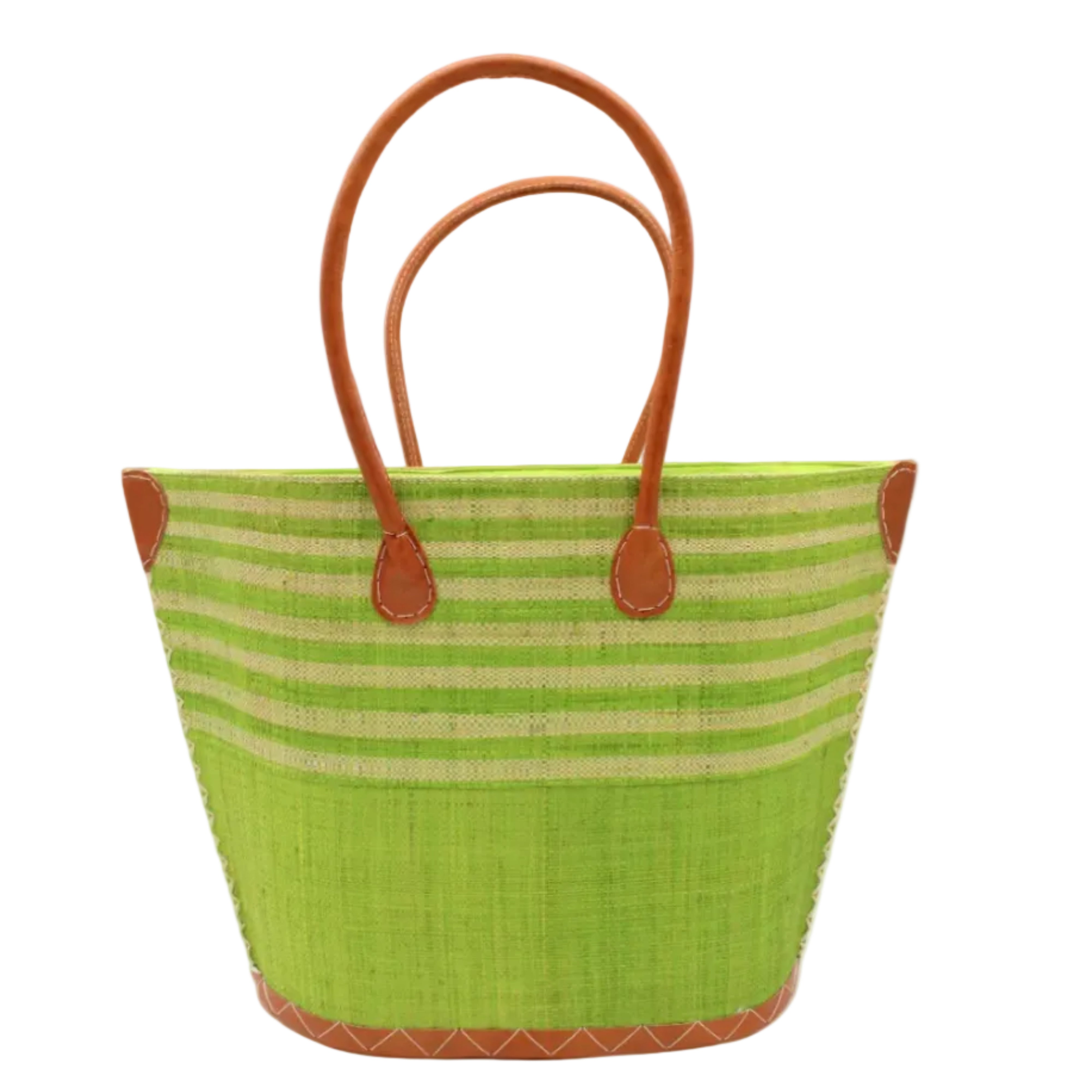 Santa Cruz Midori & Natural Two Tone Wide Stripe Small Straw Tote Bag handmade loomed natural raffia palm fiber in a two tone color block pattern of solid Midori lime/bright/neon/green on the bottom half of the bag and two tone even width horizontal stripes of midori and natural straw color on the top half of the bag with leather handles and details beach bag handbag purse - Shebobo