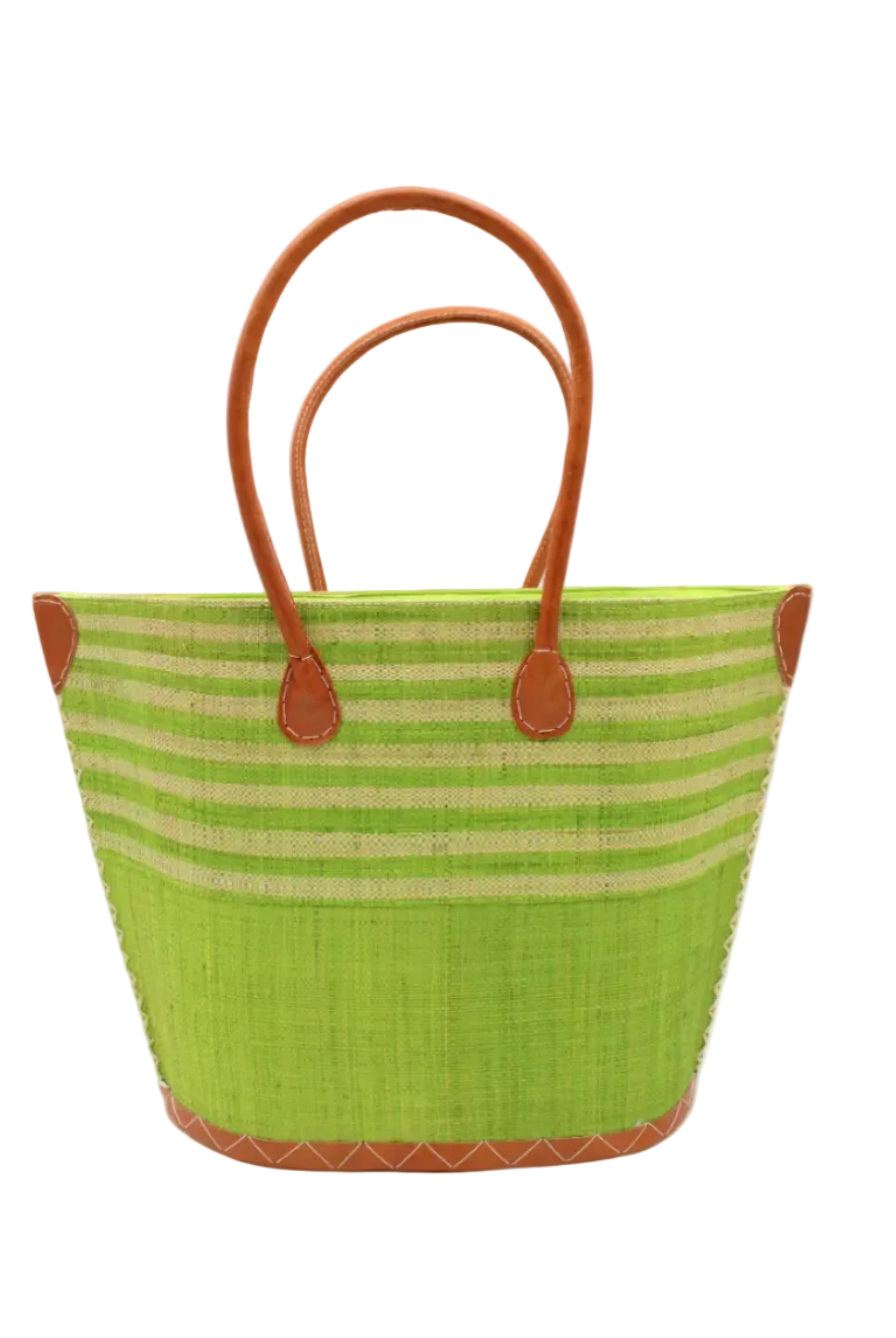 Santa Cruz Midori & Natural Two Tone Wide Stripe Small Straw Tote Bag handmade loomed natural raffia palm fiber in a two tone color block pattern of solid Midori lime/bright/neon/green on the bottom half of the bag and two tone even width horizontal stripes of midori and natural straw color on the top half of the bag with leather handles and details beach bag handbag purse - Shebobo