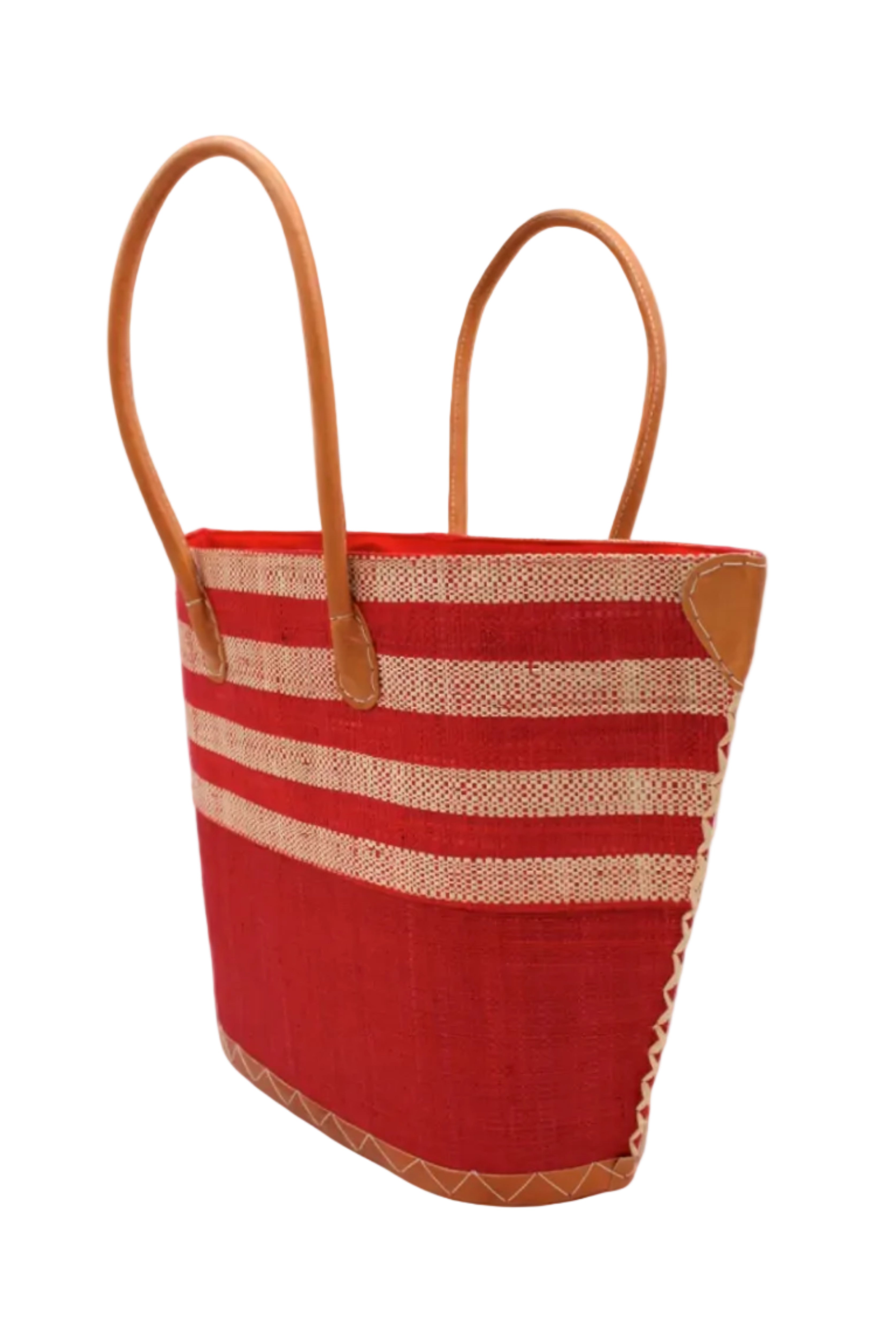 Side view Santa Cruz Red & Natural Two Tone Wide Stripe Small Straw Tote Bag handmade loomed natural raffia palm fiber in a two tone color block pattern of solid red on the bottom half of the bag and two tone even width horizontal stripes of red and natural straw color on the top half of the bag with leather handles and details beach bag handbag purse - Shebobo