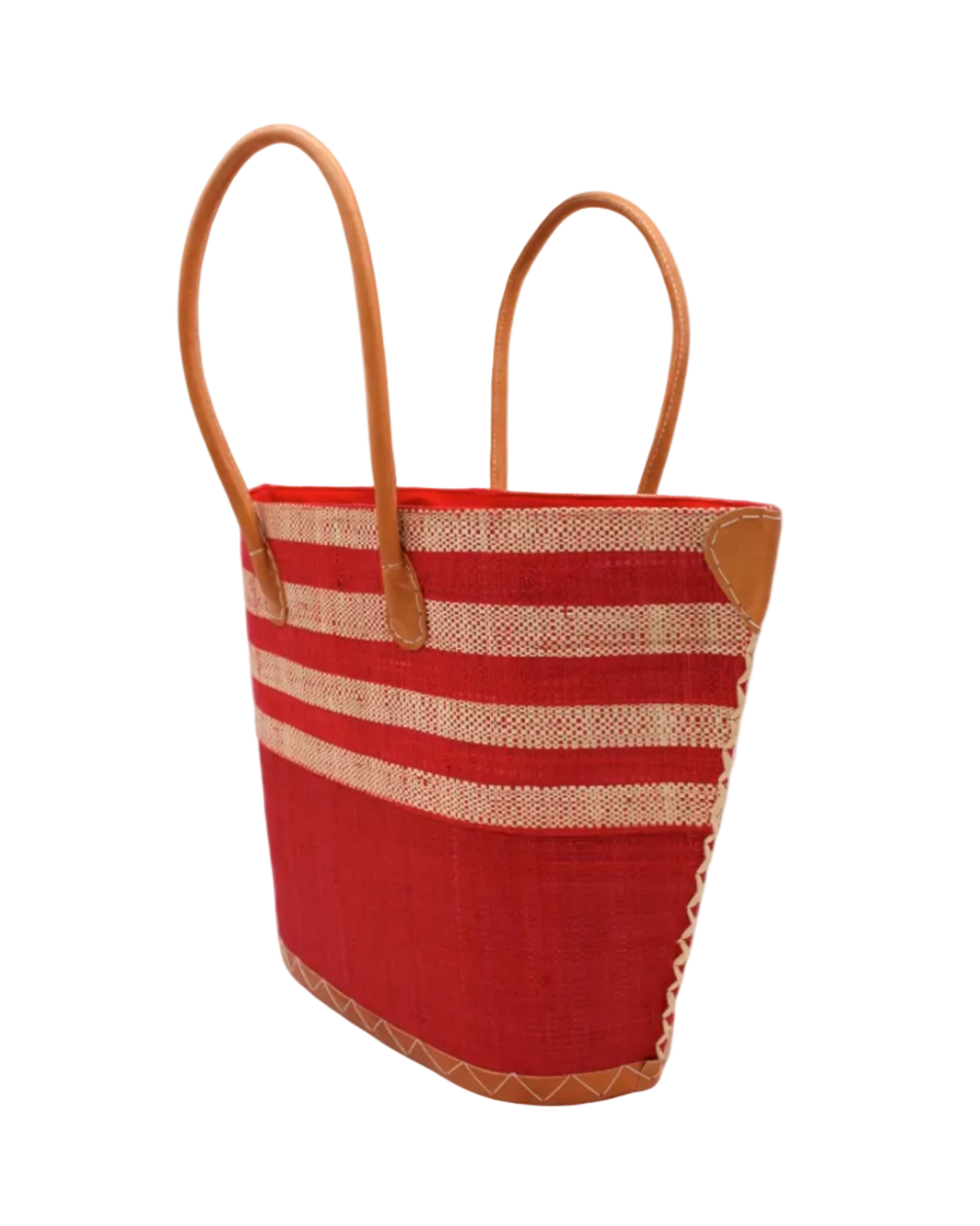 Side view Santa Cruz Red & Natural Two Tone Wide Stripe Small Straw Tote Bag handmade loomed natural raffia palm fiber in a two tone color block pattern of solid red on the bottom half of the bag and two tone even width horizontal stripes of red and natural straw color on the top half of the bag with leather handles and details beach bag handbag purse - Shebobo