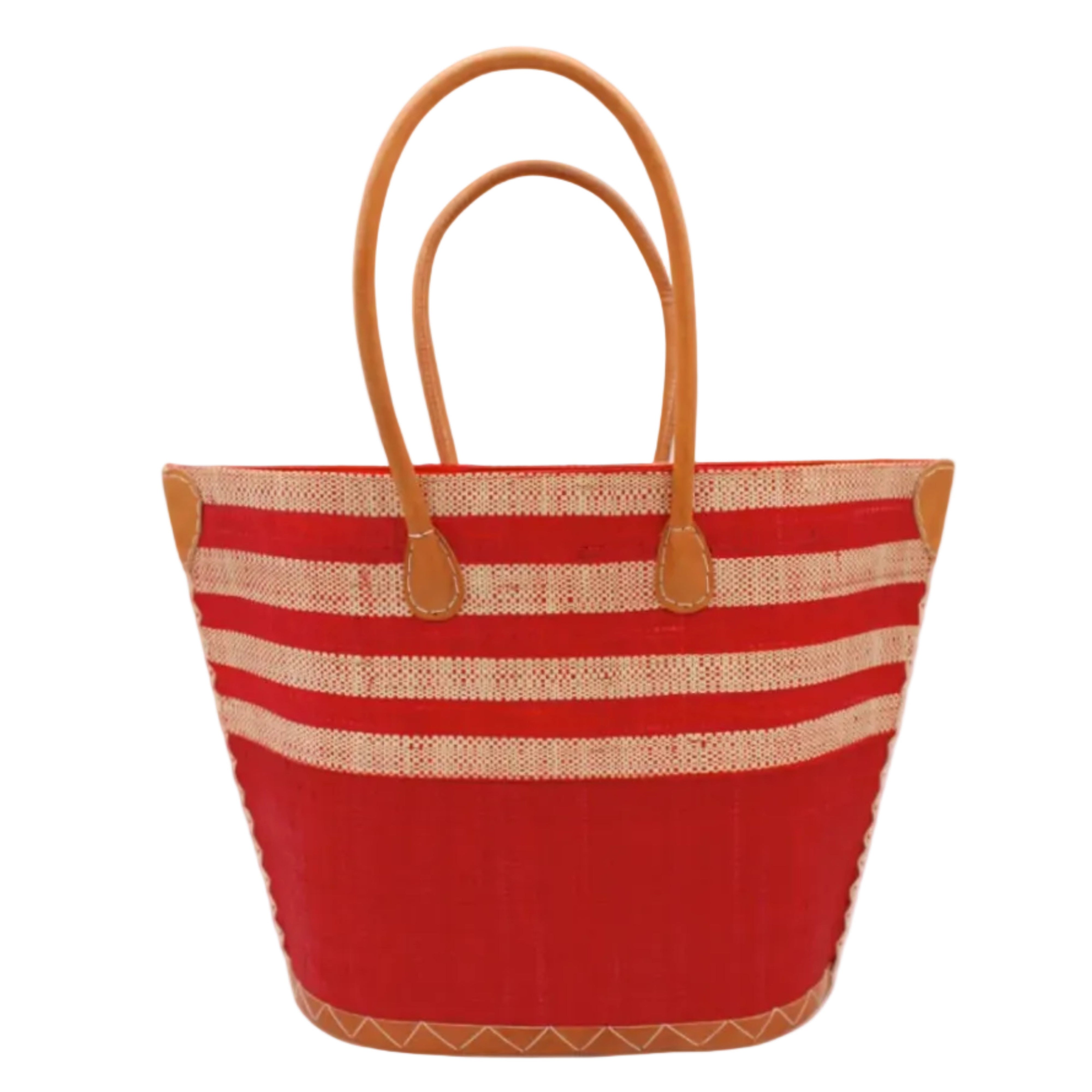 Santa Cruz Red & Natural Two Tone Wide Stripe Small Straw Tote Bag handmade loomed natural raffia palm fiber in a two tone color block pattern of solid red on the bottom half of the bag and two tone even width horizontal stripes of red and natural straw color on the top half of the bag with leather handles and details beach bag handbag purse - Shebobo