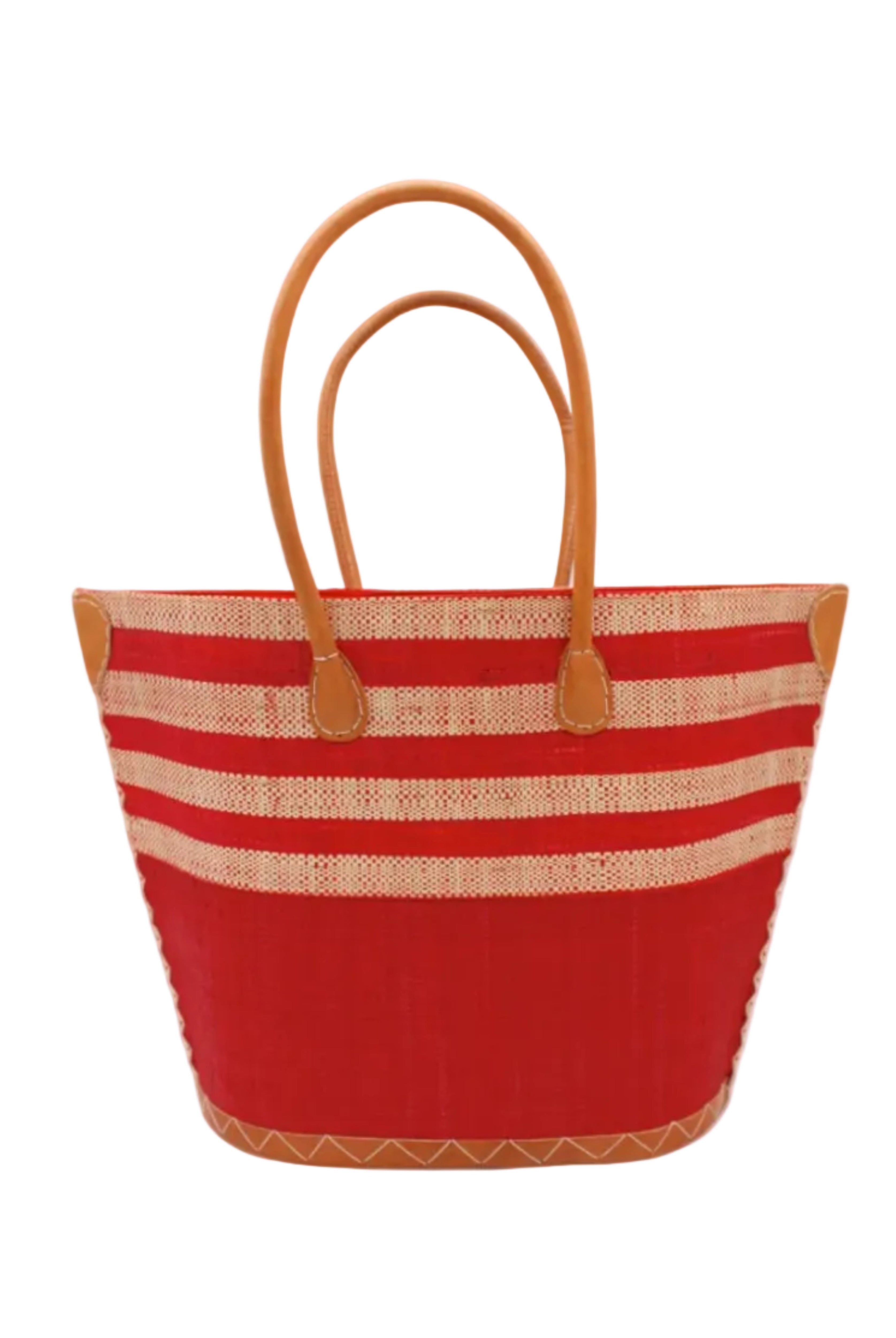 Santa Cruz Red & Natural Two Tone Wide Stripe Small Straw Tote Bag handmade loomed natural raffia palm fiber in a two tone color block pattern of solid red on the bottom half of the bag and two tone even width horizontal stripes of red and natural straw color on the top half of the bag with leather handles and details beach bag handbag purse - Shebobo