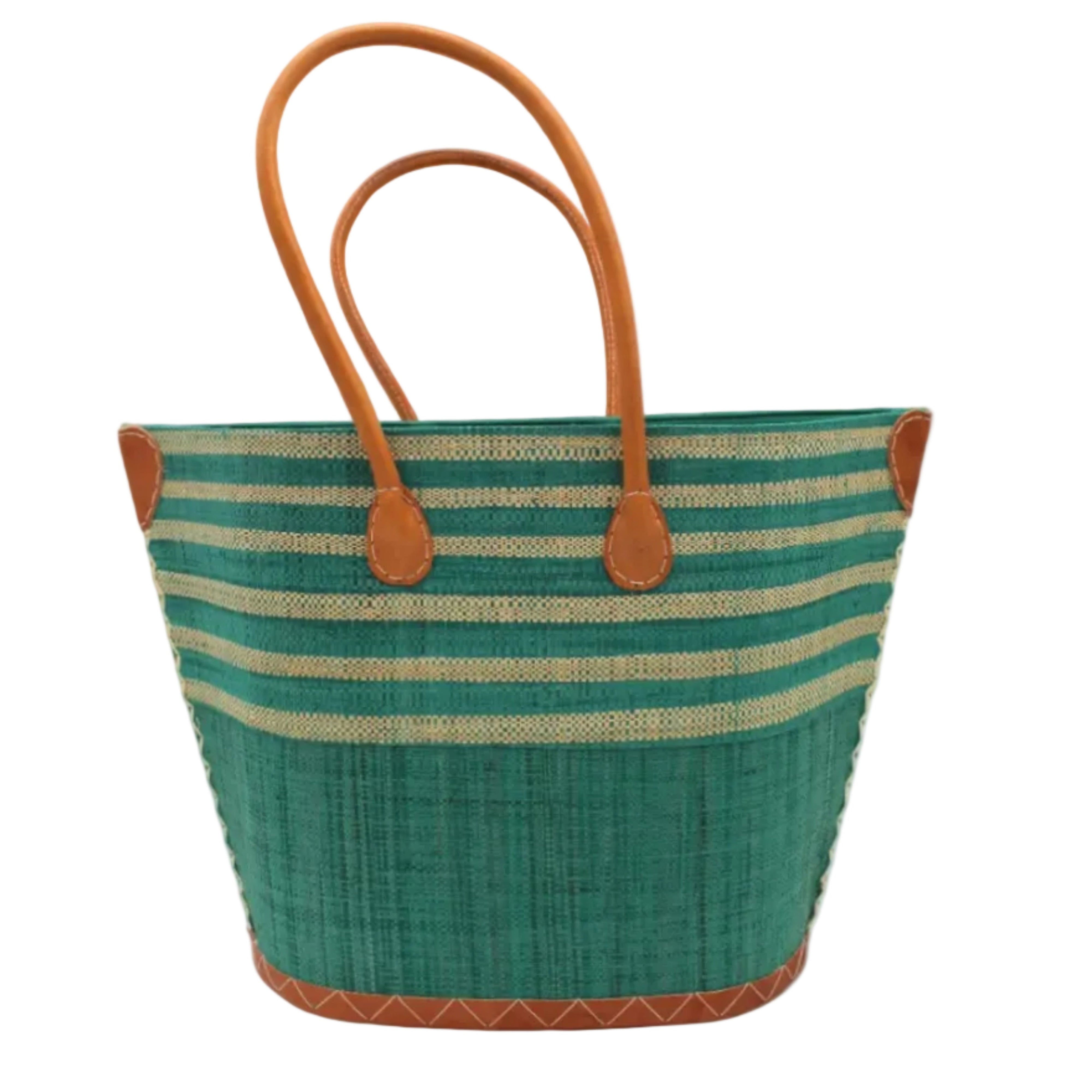 Santa Cruz Teal & Natural Two Tone Wide Stripe Small Straw Tote Bag handmade loomed natural raffia palm fiber in a two tone color block pattern of solid Teal dark/blue/green on the bottom half of the bag and two tone even width horizontal stripes of teal and natural straw color on the top half of the bag with leather handles and details beach bag handbag purse - Shebobo