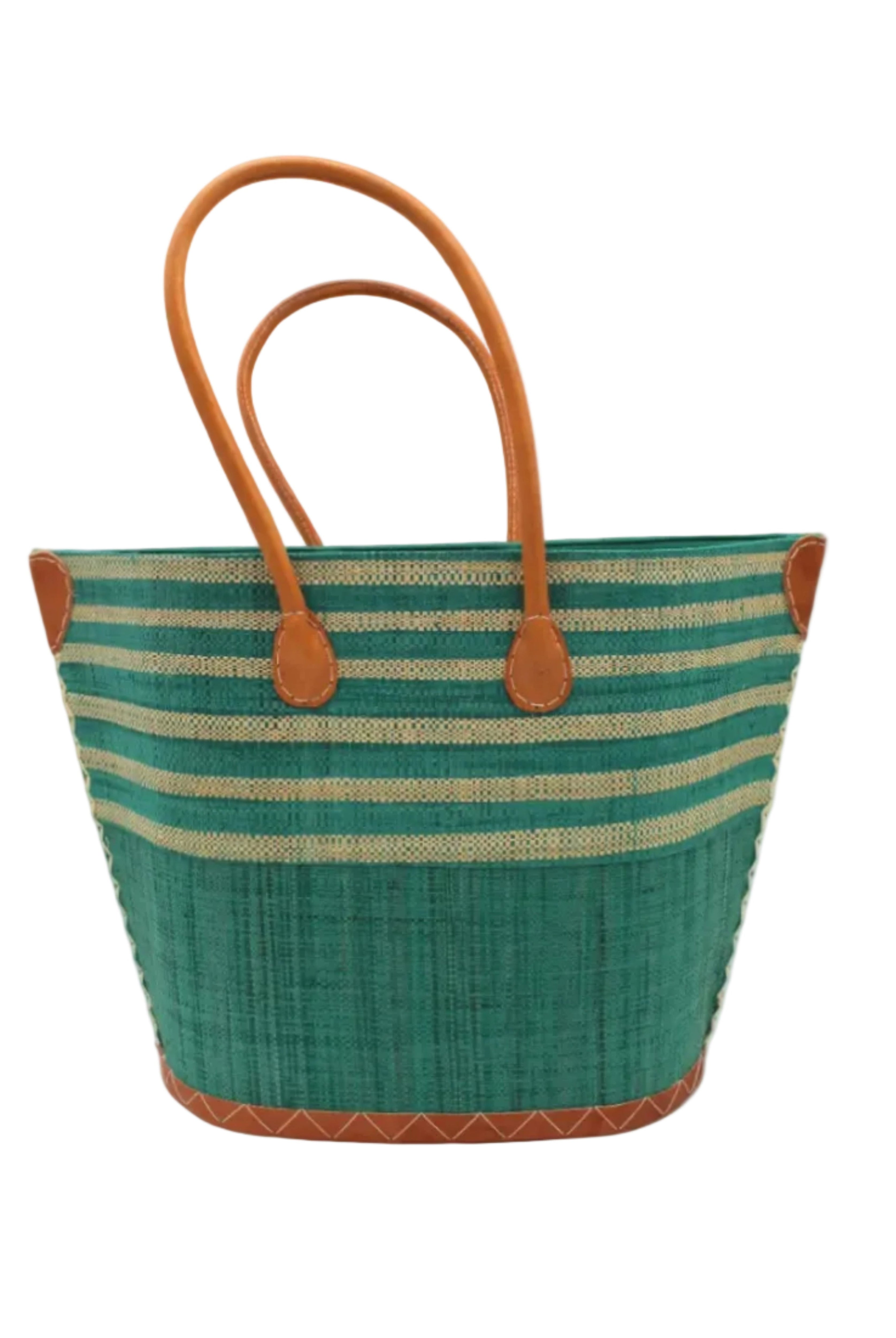 Santa Cruz Teal & Natural Two Tone Wide Stripe Small Straw Tote Bag handmade loomed natural raffia palm fiber in a two tone color block pattern of solid Teal dark/blue/green on the bottom half of the bag and two tone even width horizontal stripes of teal and natural straw color on the top half of the bag with leather handles and details beach bag handbag purse - Shebobo