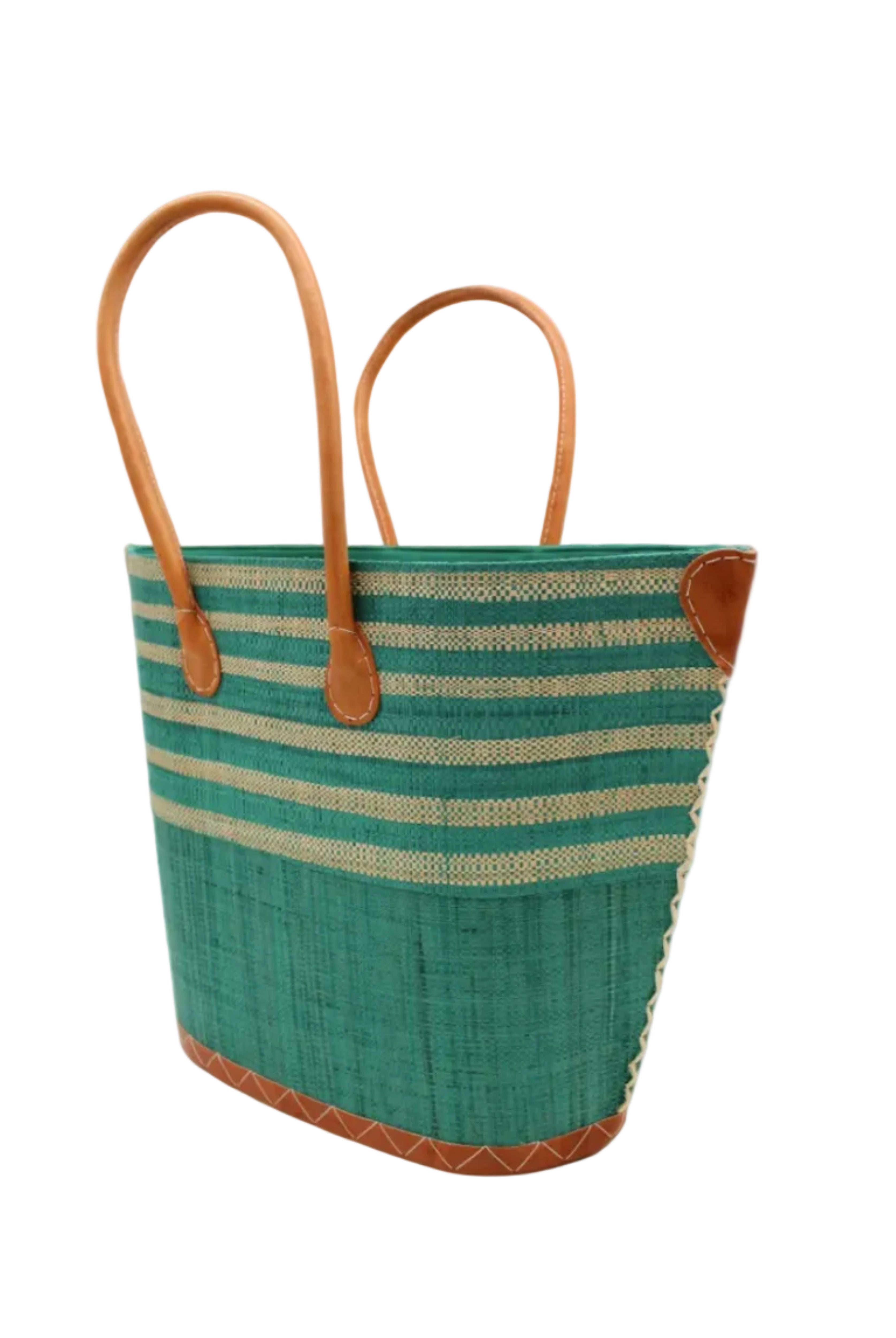 Side view Santa Cruz Teal & Natural Two Tone Wide Stripe Small Straw Tote Bag handmade loomed natural raffia palm fiber in a two tone color block pattern of solid Teal dark/blue/green on the bottom half of the bag and two tone even width horizontal stripes of teal and natural straw color on the top half of the bag with leather handles and details beach bag handbag purse - Shebobo